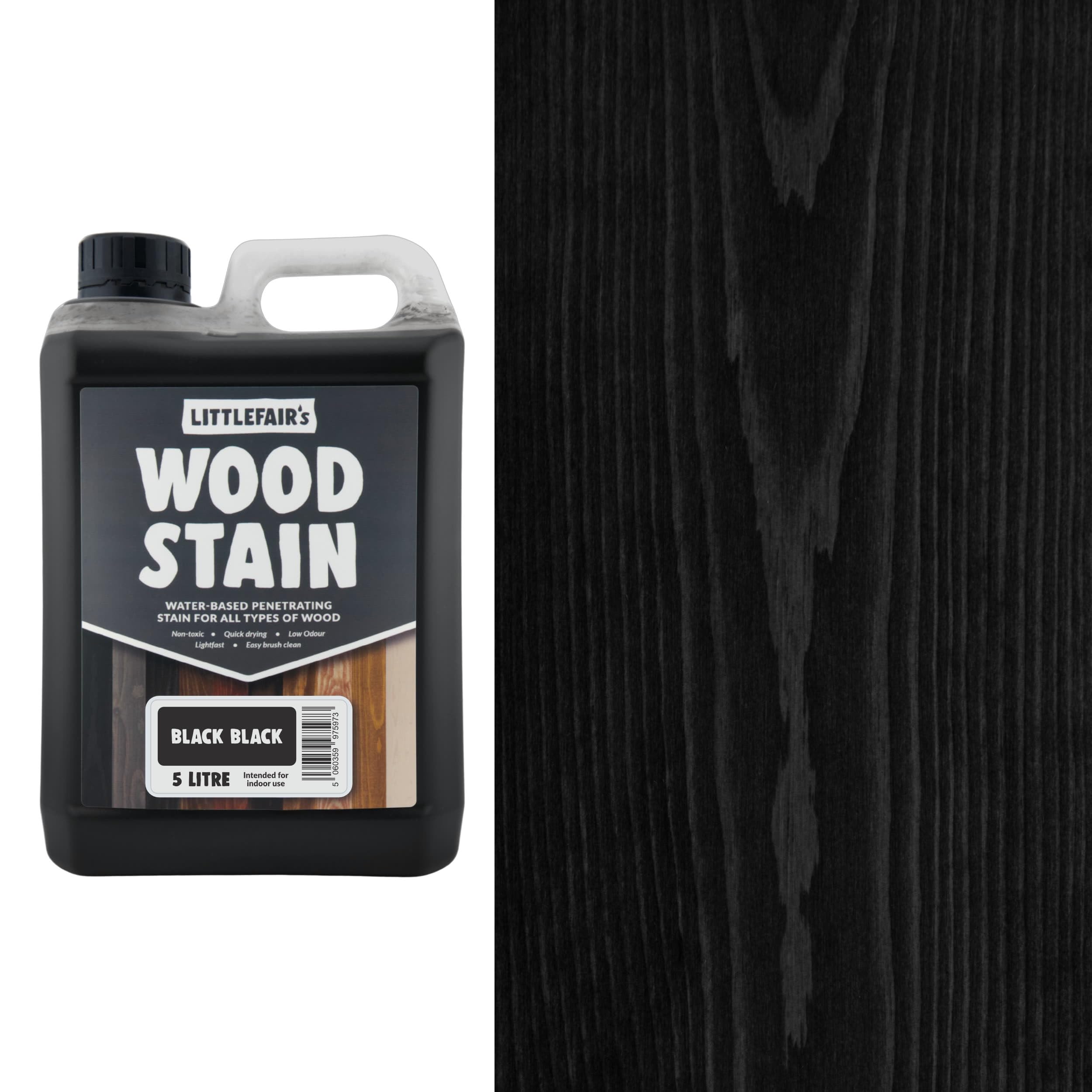 Littlefair's Black Black Wood Stain Water-Based - (Black Black) – Non-Toxic, Eco-Friendly & Quick Drying - Easy-To-Apply, Concentrated Formula For All Wood Types – 5 Ltr
