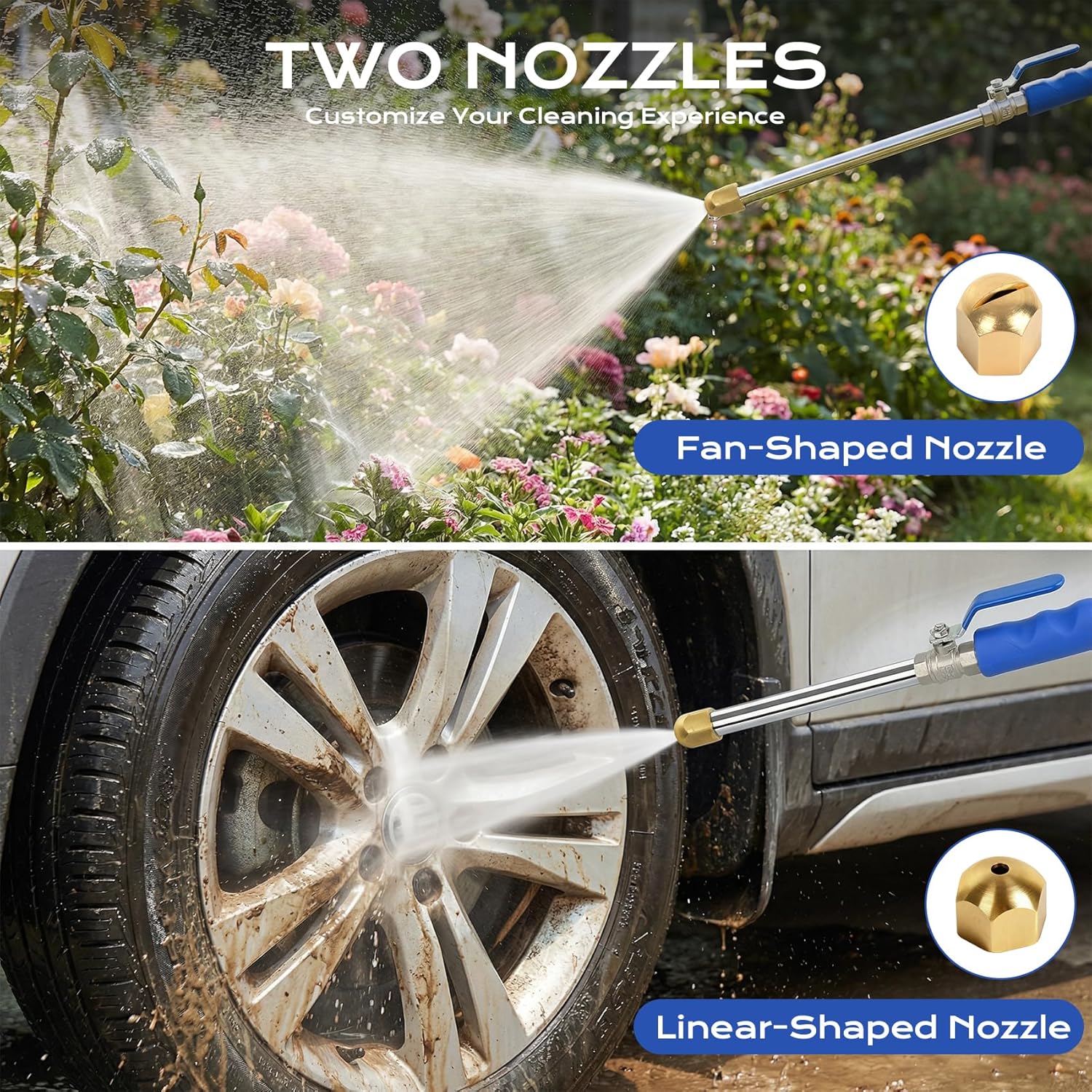 2-in-1 Jet Nozzle Power Washer for Garden, Upgraded high pressure hose nozzle tools with 2 Different Nozzles and Hose Quick Connectors (2 in 1)