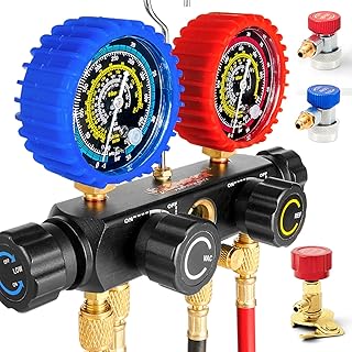 AC Manifold Gauge Set, 4-Valve Automotive AC Gauges Fits R134A R410A R22 R404A Freon Charging Tool High Accuracy HVAC Gauges Kit with 5FT Hoses