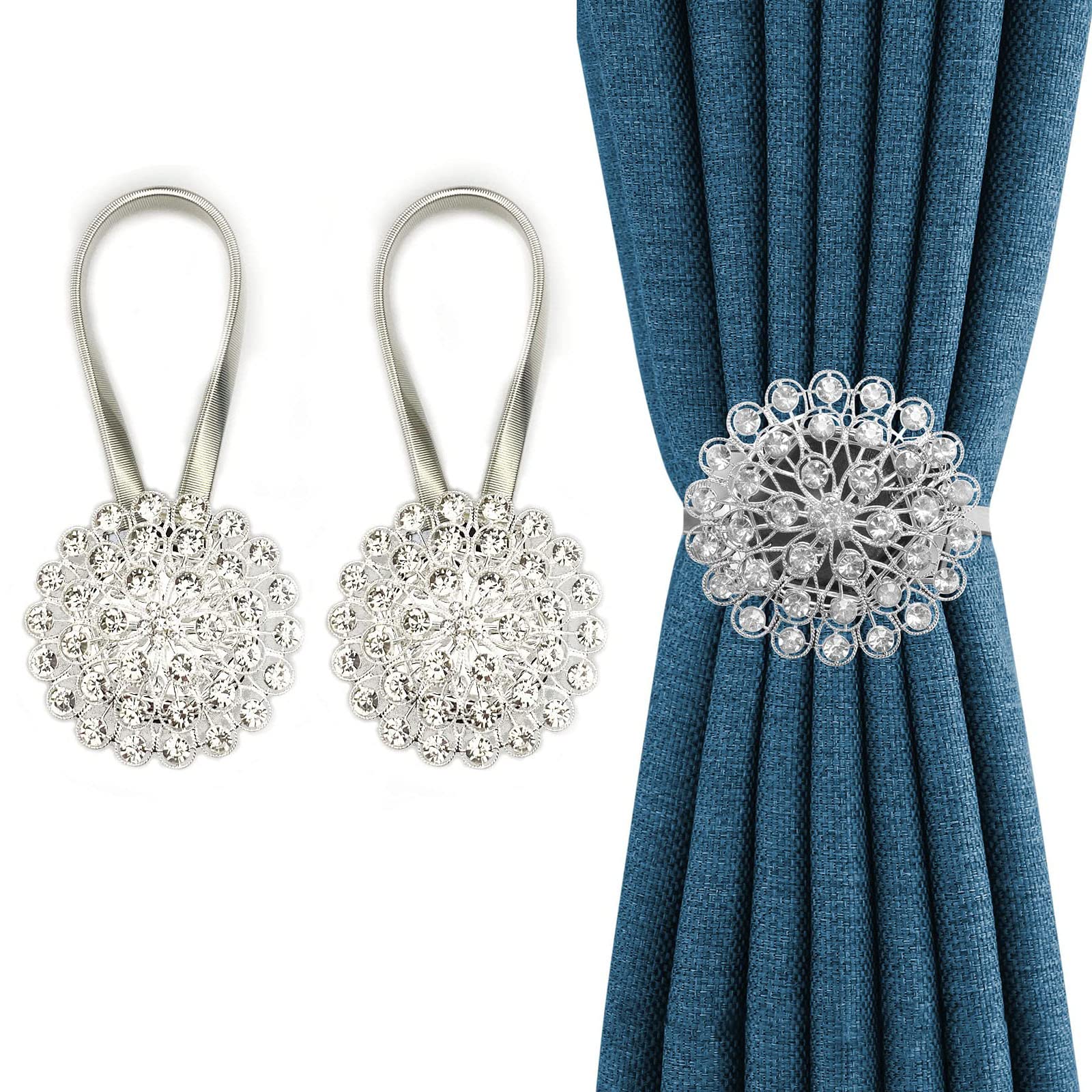 HBSTUDIO Magnetic Tiebacks for Curtains,Sparkling Crystal Flower Curtain Tiebacks Curtain Buckle Clips with High-Elastic Spring Wire for Home Office Decoration (2Pack,White)