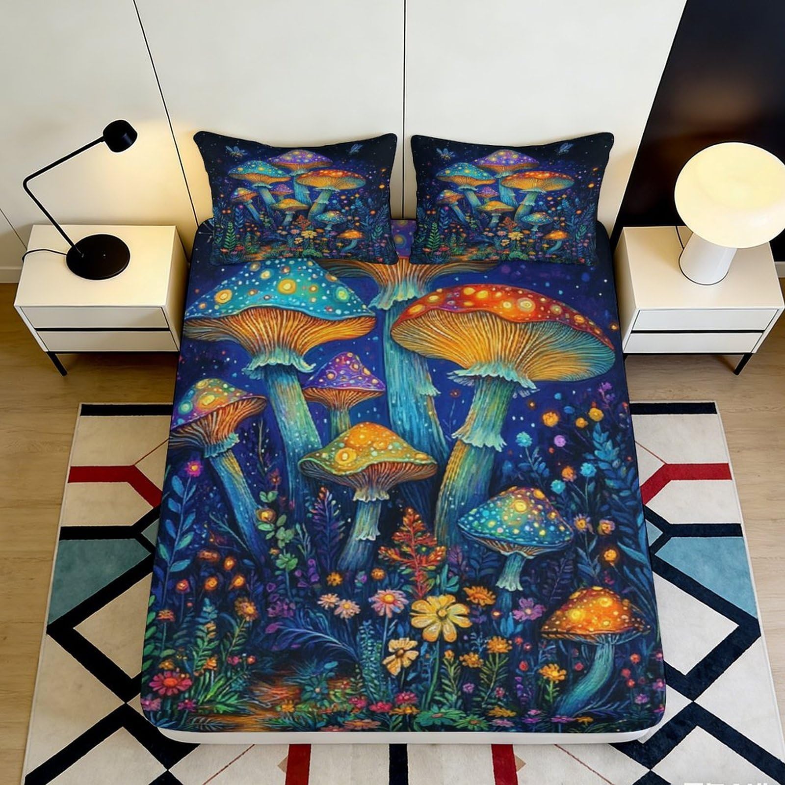 3D Printed Fantasy Mushroom Forest Fitted Sheet Microfiber Soft Breathable Psychedelic Night Mattress Cover for Bedroom Dorm Decor 120x200x25cm