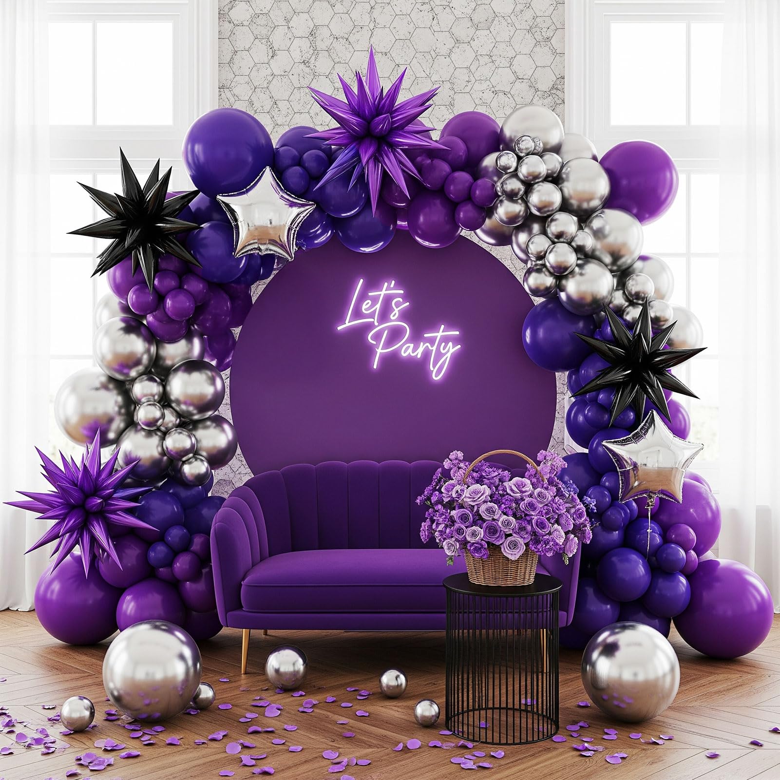 Royal Purple and silver balloon garland Kit 115Pcs Dark purple Violet with mylar star-burst balloons for Birthday graduations class of 2025 prom Video