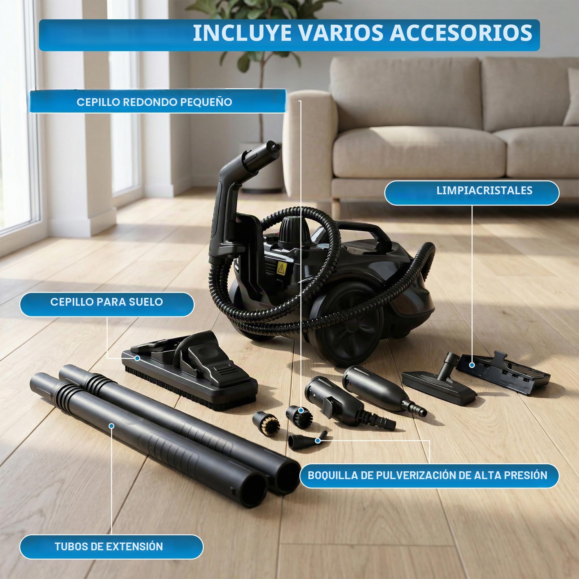 Powell Limpiador A Vapor De 2000 W - Mopa A Vapor Multisuperficie Para Alfombras, Suelos, Sofás Y Baños | Máquina Quitamanchas Con Accesorios Para Ventanas Y Azulejos - Negro