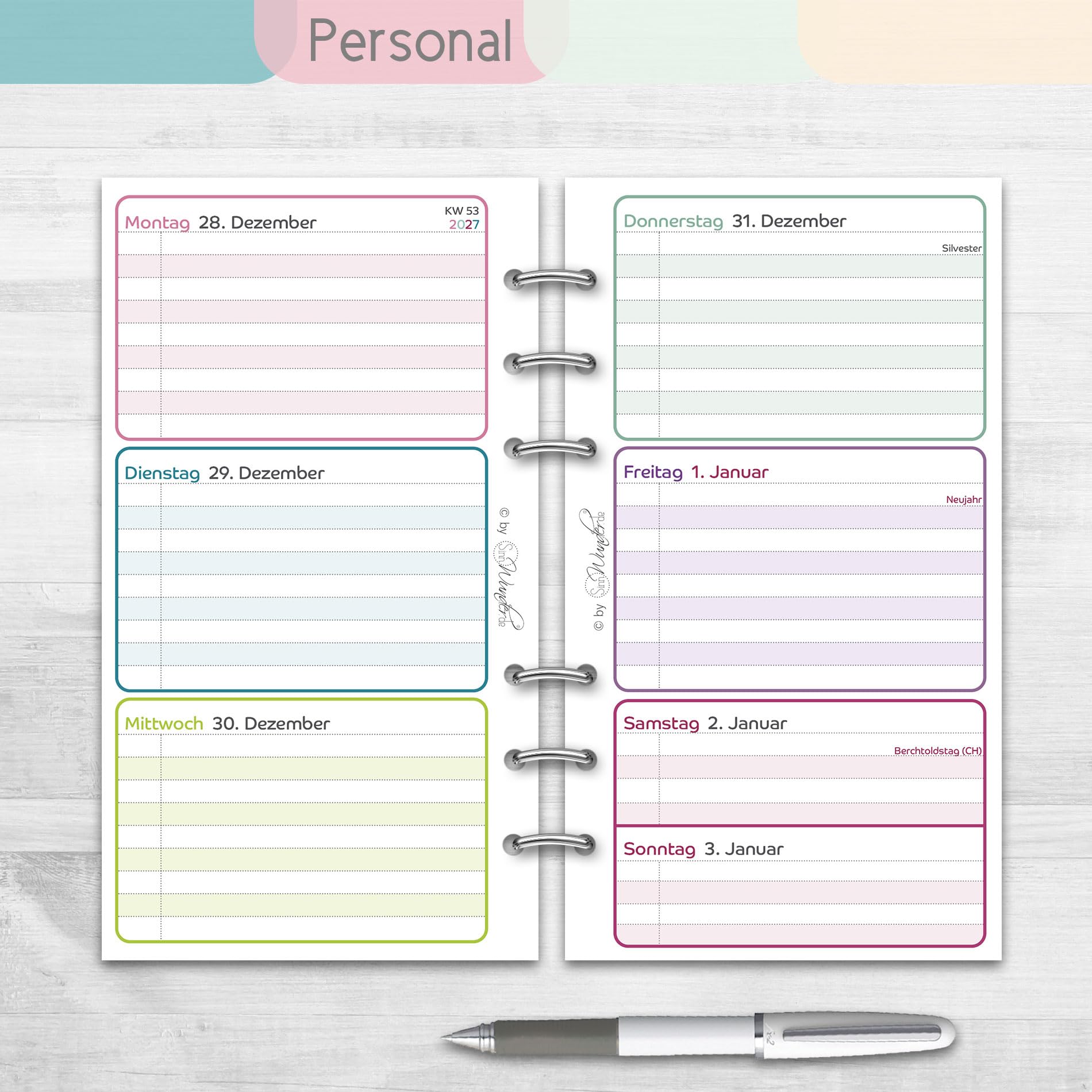SinnWunder® 2027 Premium Kalendereinlage - Wochen-Kalender - 1 Woche 2 Seiten - Größe (A6) Personal 9,6 x 17,2 cm - 6-fach Filofax-Lochung - LuckySinn