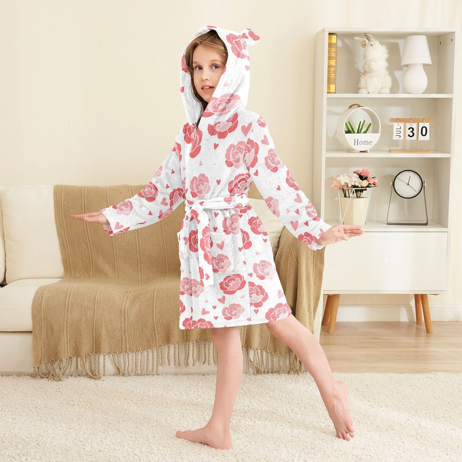 Rose Heart Pattern Toddler Hooded Bathrobe for Boys Girls Soft Plush Bath Towel Robe 2-12 Years