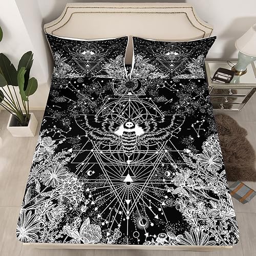 Miniatura 1 de Erosebridal Sábanas de cama de polilla gótica, tamaño Queen, sábana bajera ajustable de sol y luna, ropa de cama de cielo estrellado, sábana bohemia