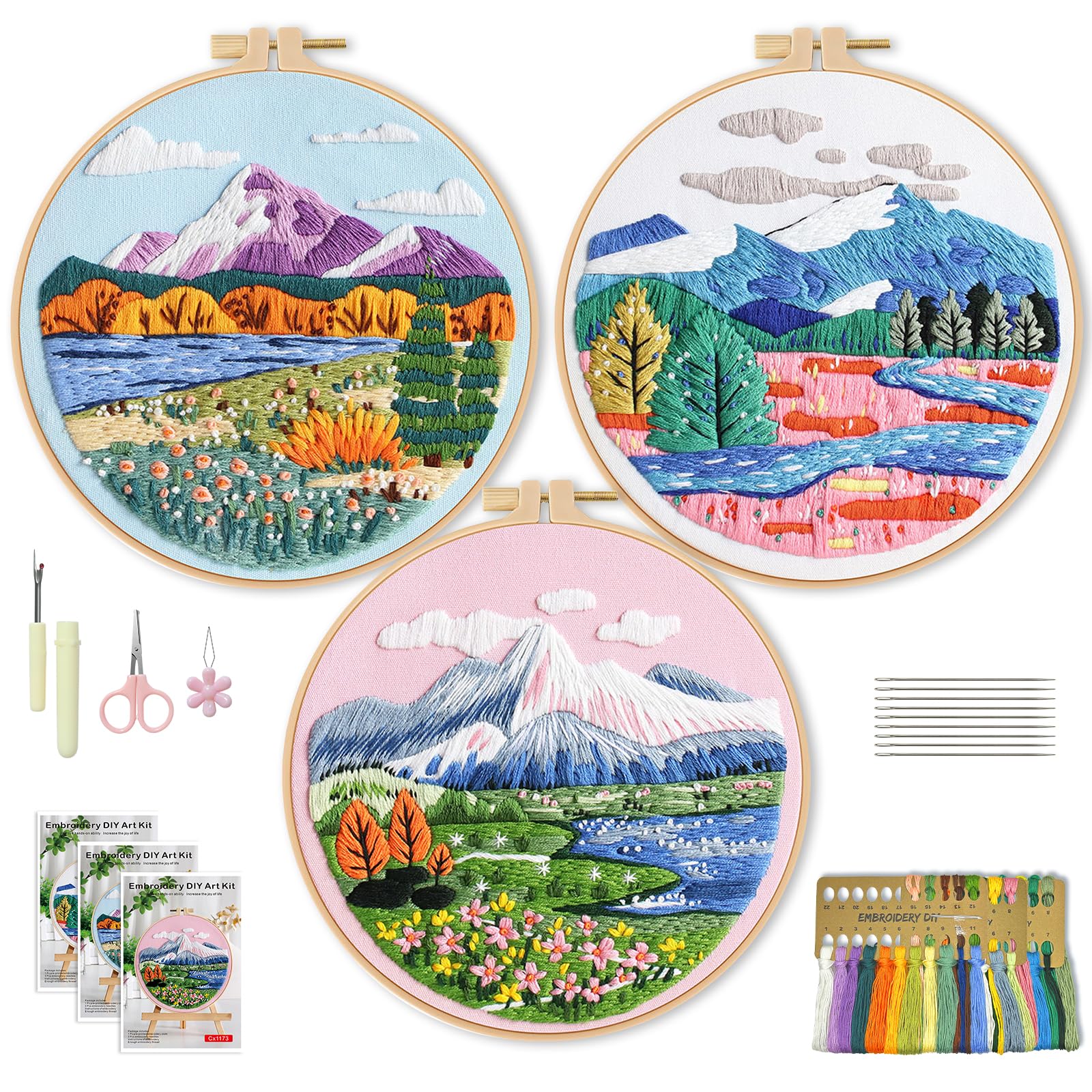 WIVLAX 3PCS Embroidery Kit for Adult Women Mountain Landscape Stitch Set