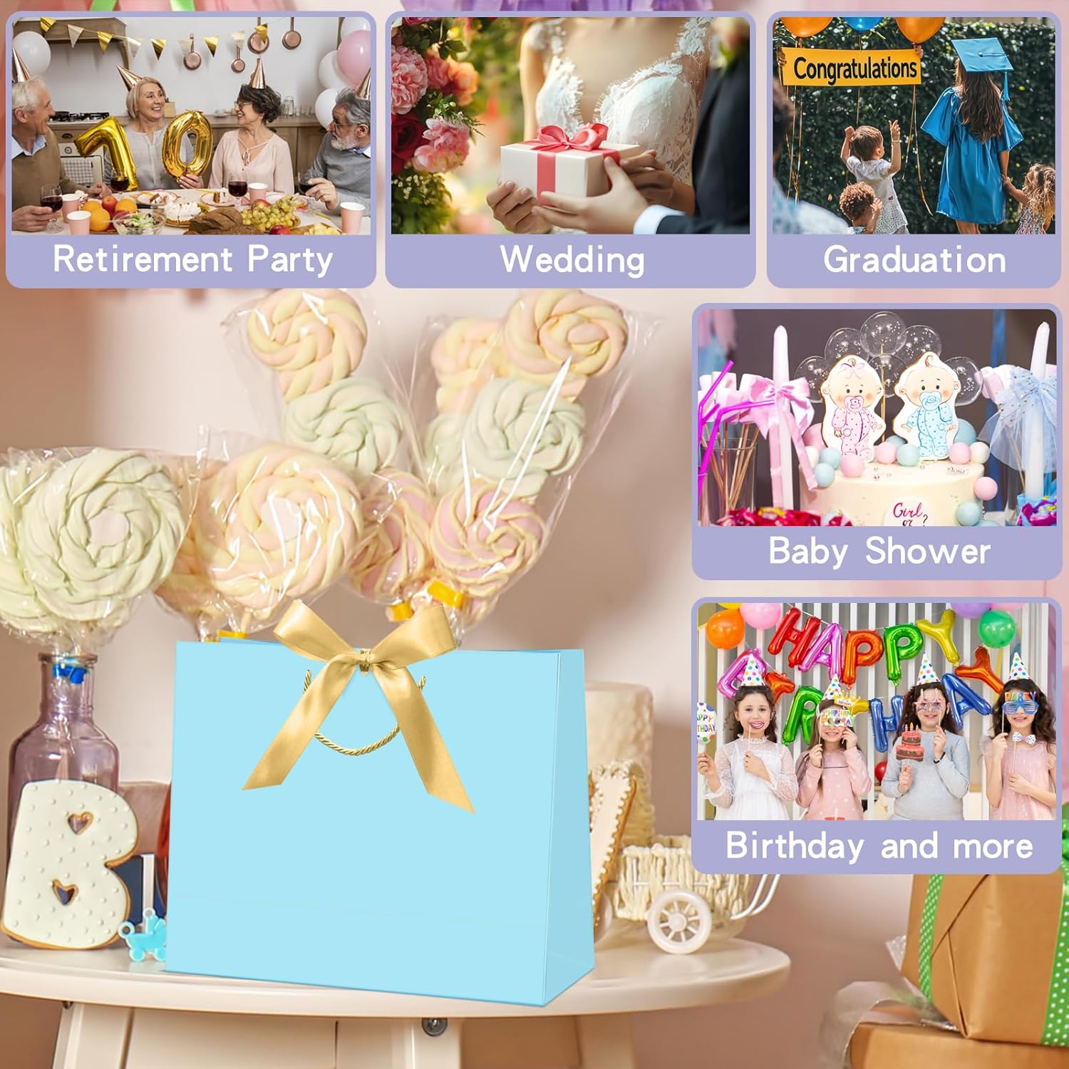 CINSOEN 12 Pcs Paper Gift Bags with Handles, Thank You Gift Bag with Ribbon Bow for Graduation Wedding Bridesmaid Birthday Baby Shower Party Christmas Thanksgiving, 12.4x9.8x4.3 inches (Light Blue) - Image 6