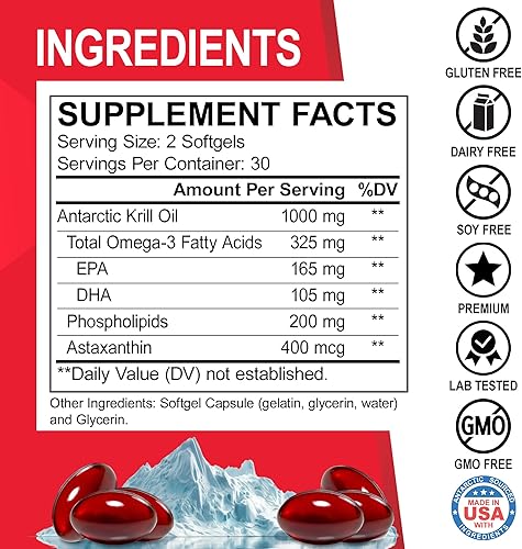 Miniatura 6 de Aceite de krill Omega 3 500mg - Aceite de krill antártico 1000 mg cápsulas blandas EPA, DHA, astaxantina, fosfolípidos - Suplementos de ácidos