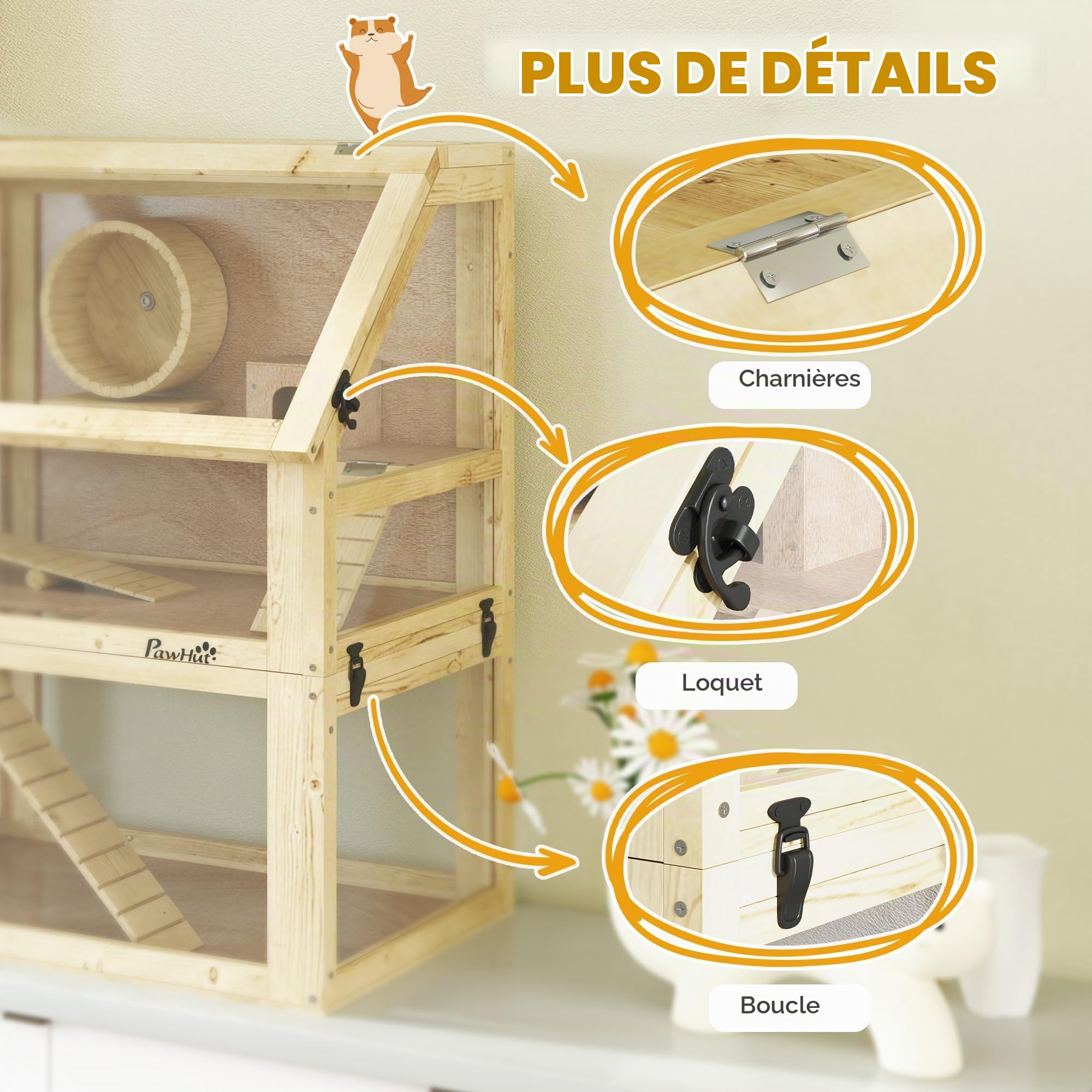 PawHut Cage à hamster en bois 3 étages finition bois naturel | Gerbil Cage amovible de 32 cm de profondeur, cabane, balançoire, roue d'exercice, rampes