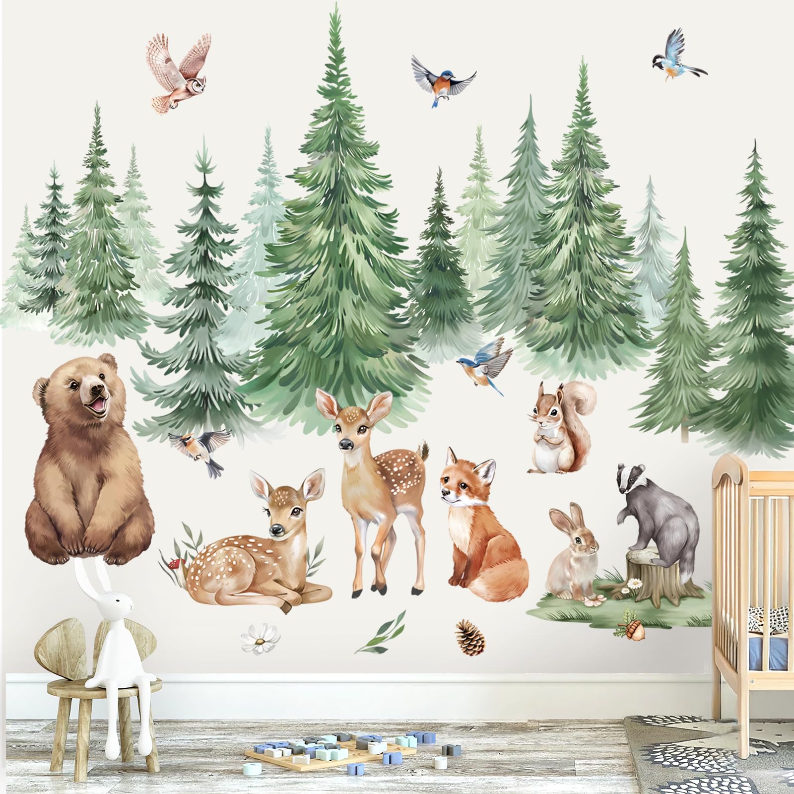 wondever Large Pine Tree Animals Wall Stickers Woodland Animal Bear Deer Fox Peel and Stick Wall Art Decals for Baby Nursery Kids Bedroom Living Room - Image 2