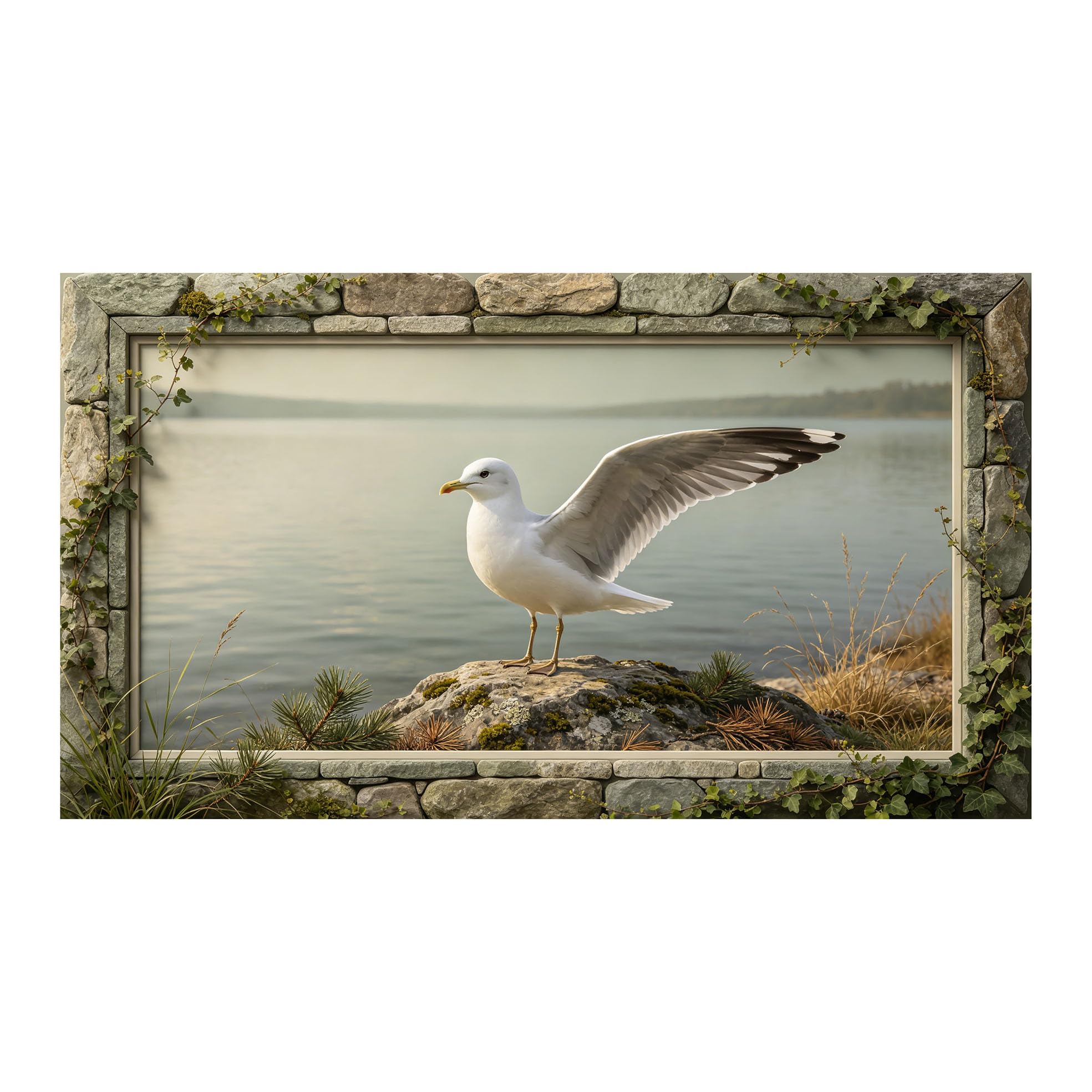 Murasolite 3D 3D Framed Wall Art 50cm×90cm Coastal Seagull Landscape Watercolor SelfAdhesive Fabric Mural Wall Decor, Peel and Stick No Damage to Wall for Bedroom Living Room