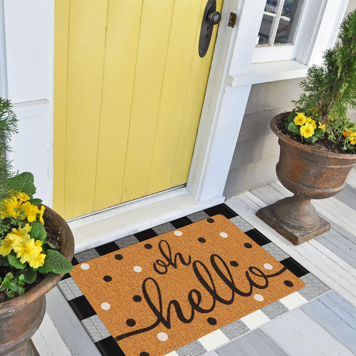 Maitys 2 Piece Buffalo Outdoor Rug Oh Hello Outdoor Decor Coir Welcome Mat Nonslip Porch Checkered Layered Front Door Rug Rustic Farmhouse Mat Entryway(Black White Dot,27.5 x 43.3 Inch)