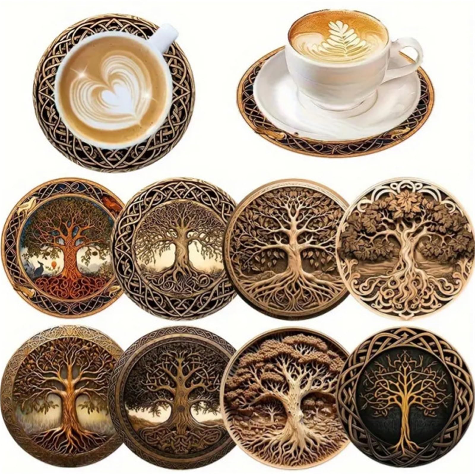Wooden Round Coasters 8Pcs Mandala Flower Wooden Coasters