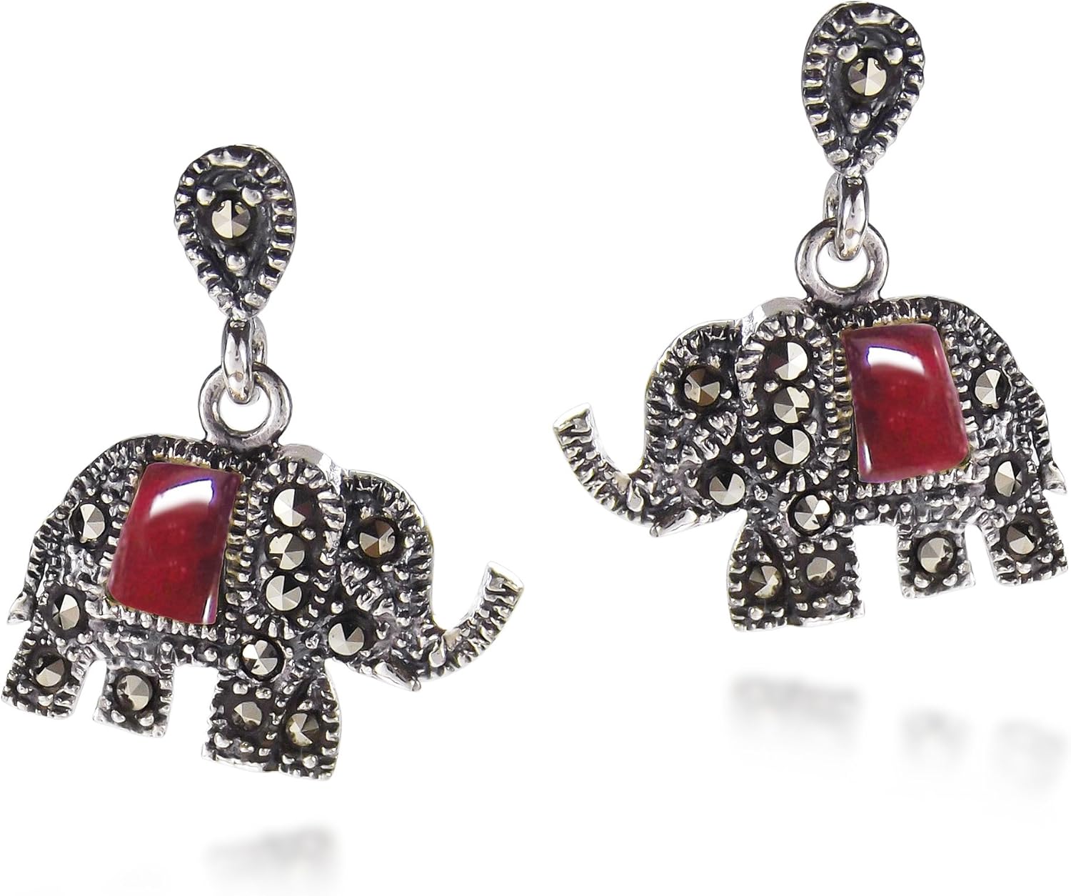 Royal Elephant Red Colored Glass and Marcasite Style Pyrite .925 Sterling Silver Stud Earrings