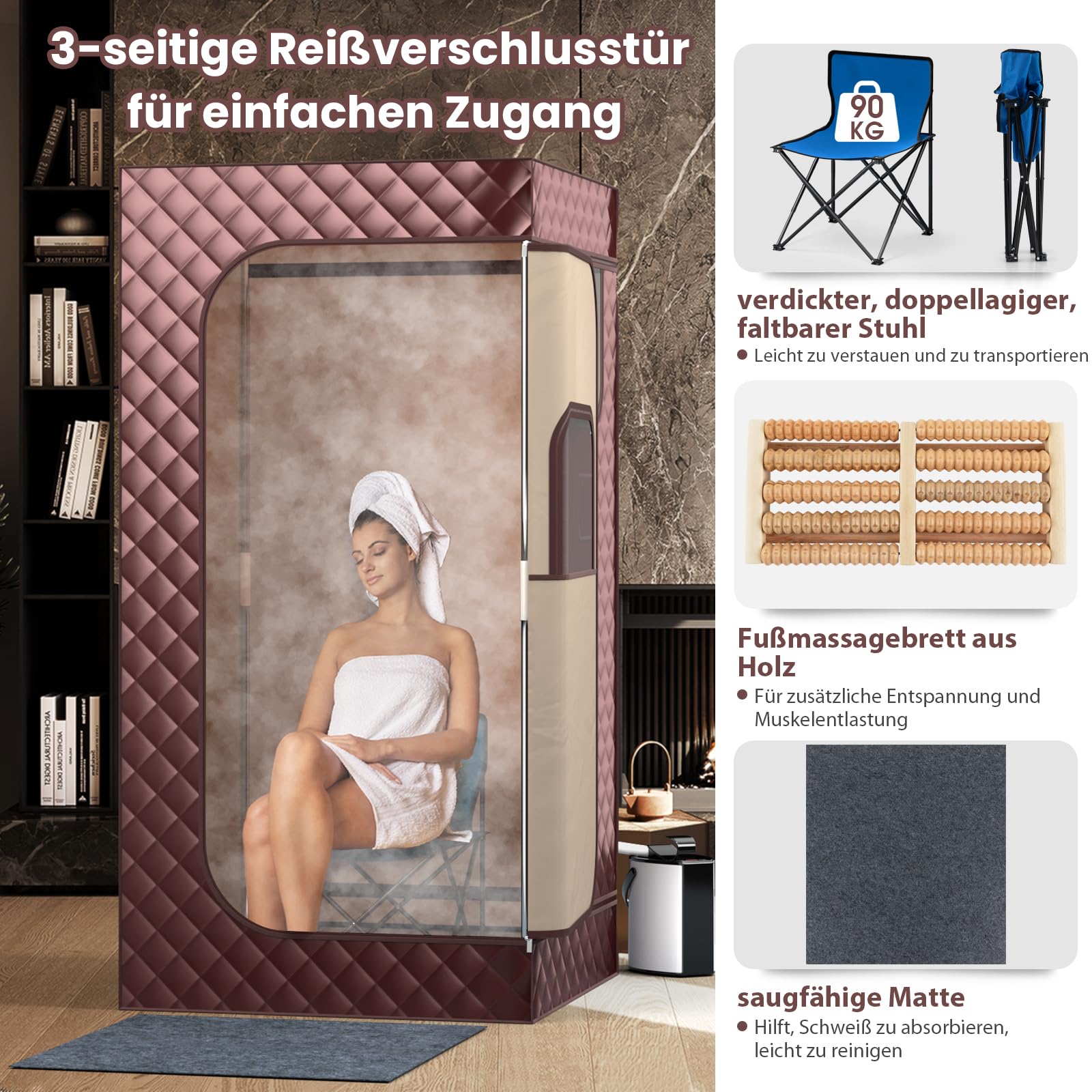 RELAX4LIFE Mobile Dampfsauna 3L, Heimsauna mit Fernbedienung&Saunastuhl, Sitzsauna mit 9 Temperaturstufen, Timer&Vernebelungsfunktion, Mini Sauna 1000W Verdampfer, Saunakabine 91x91x183cm (Kaffee)