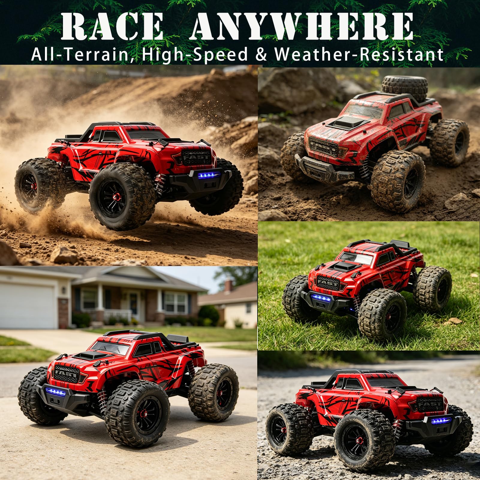 Auto RC brushless 1/16 per adulti, 4WD 55 km/h, camion RC fuoristrada ad alta velocità da 2,4 GHz, giocattolo RC Monster Buggy, auto telecomandata veloce per tutti i terreni, con 2 batterie