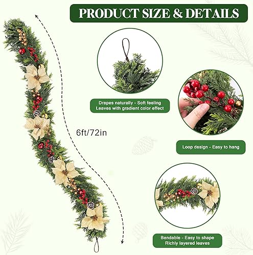 Miniatura 5 de Guirnalda de cedro de Navidad de 6 pies para manto, 1 guirnalda de pino de Navidad realista con flores, bayas, bolas de piñas, guirnaldas