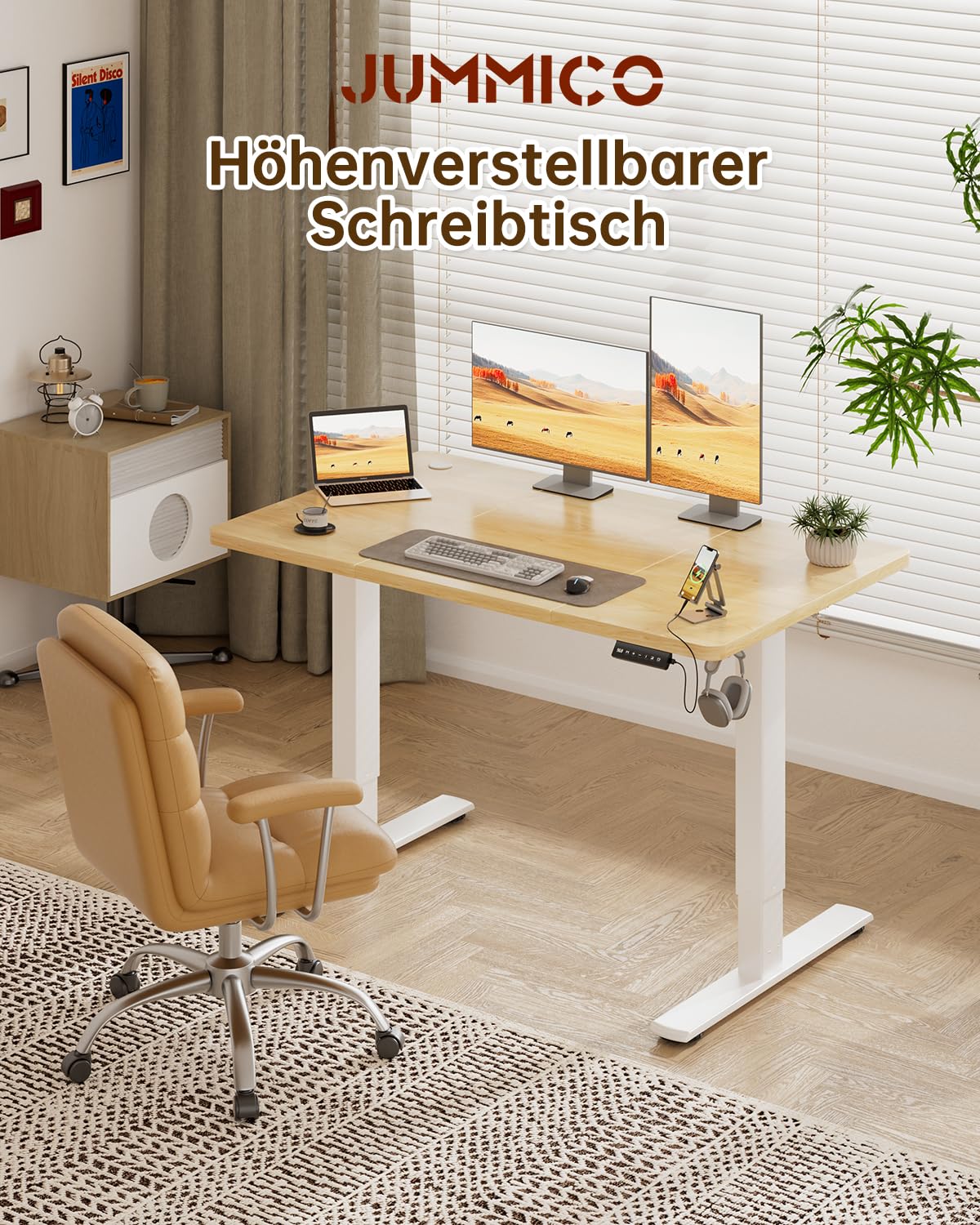 Jummico Höhenverstellbarer Elektrischer Schreibtisch 140 x 60 cm mit USB Ladeanschluss – Bild 4