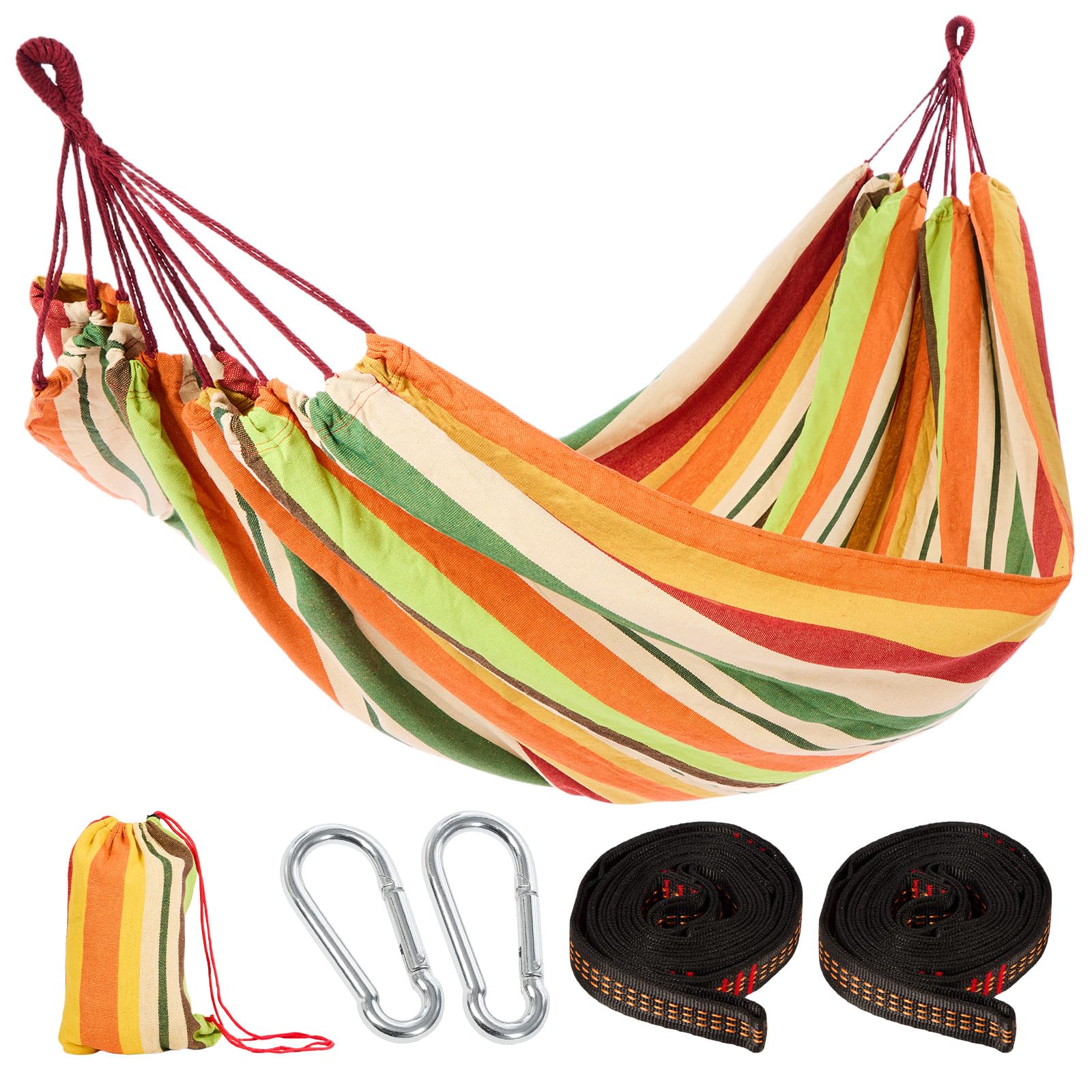 GREENSAPPIRE Cotton Hammock with Comfortable Fabric, Tree-Friendly Straps & Carabiners, Durable Portable Hammock with Travel Bag, Ideal for Garden Camping Patio Balcony Indoor & Outdoor (Orange)