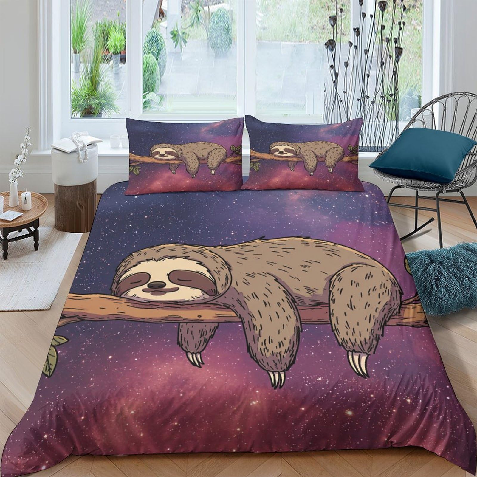 TUFRTGYHN 3D Printed Sloth Galaxy Duvet Cover Microfiber Soft Breathable Nebula Quilt Cover Set with 2 Pillowcases for Bedroom Decor Single（135x200cm）