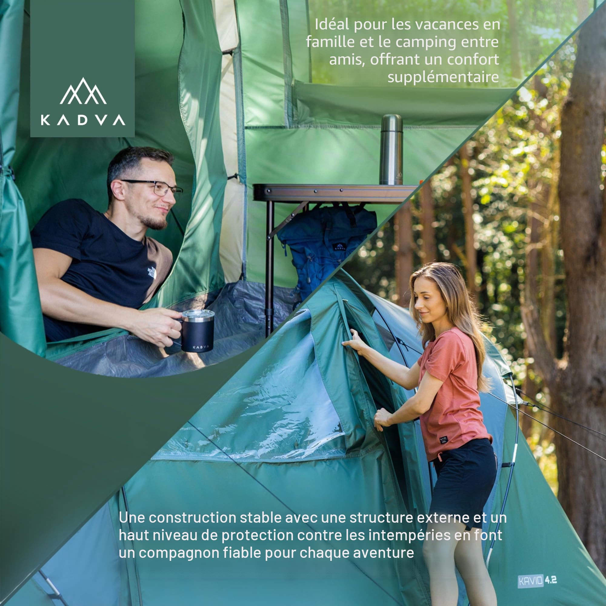 KADVA Tente Kavio 4.2 | Tente pour 4 Personnes avec 2 Chambres à Coucher | Grande entrée avec éclairage | Étanchéité 2000 mm | Moustiquaire | Cadre extérieur Stable | Compact (68 × 30 cm, 11,96 kg)