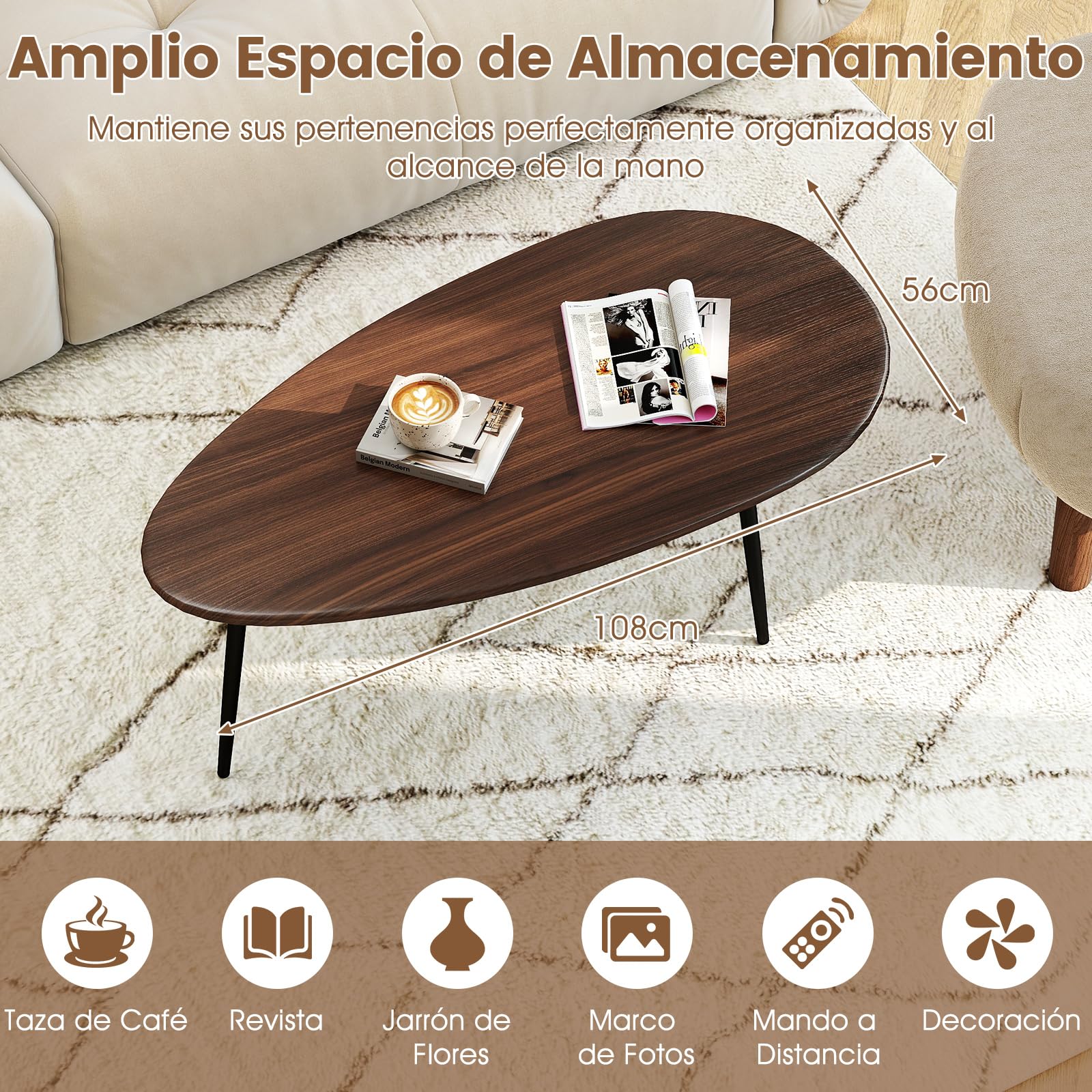 COSTWAY Mesa de Centro Ovalada, Mesita Central con Construcción Metálica Resistente y Diseño Compacto para Sofá, Mesita Auxiliar para Salon, Oficina, Mesita de Café, 108 x 56 x 44 cm (Nogal)