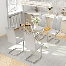 yeag Modern Rectangular Glass Dining Table Set for 4, 47" Clear Tempered Glass Kitchen Table with Silver Metal Legs & 4 Gray PU Faux Leather Upholstered Dining Chairs for Home, Dining Room, Office