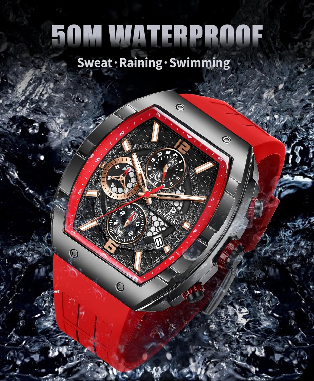 Mens Watches Luxury Tonneau Watch for Men Quartz Japanese Movement Waterproof Luminous Sport Red Dress Watch, Gifts for Men - Image 5