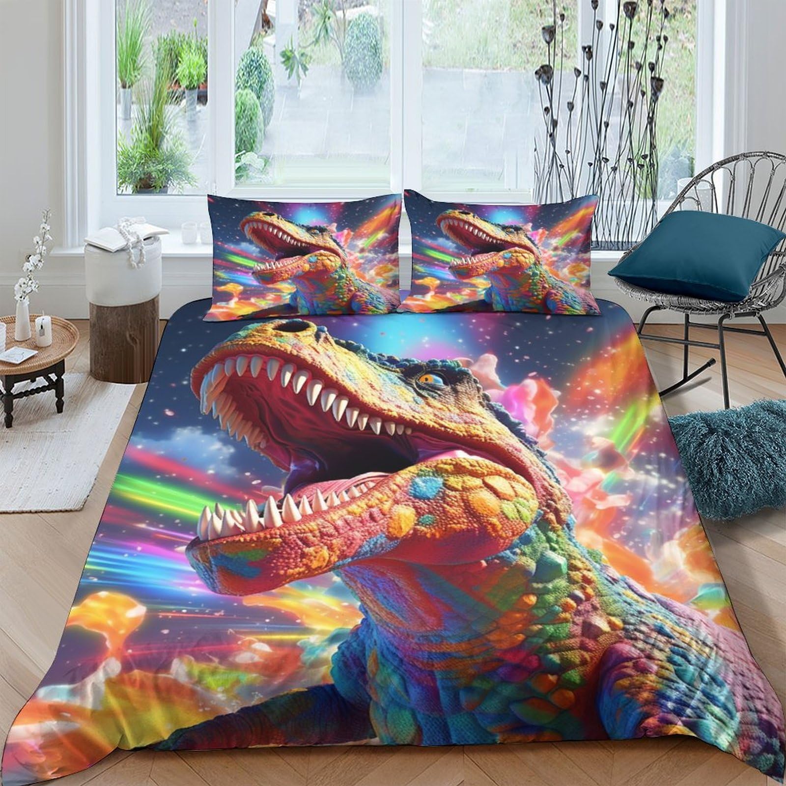 Housse de couette dinosaure 3D colorée pour chambre d'enfant et ado en microfibre respirante