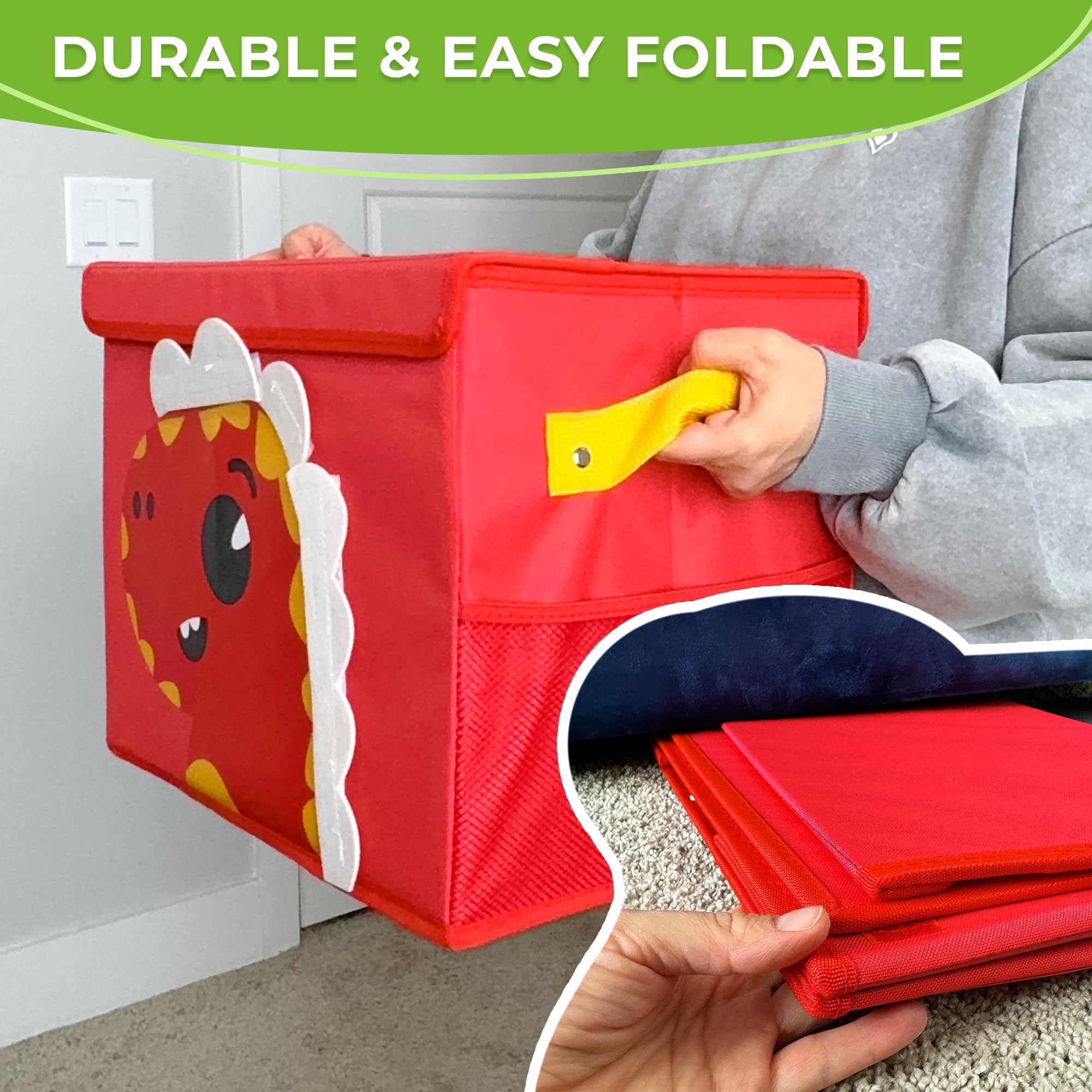 QUOKKA Katabird Toy Storage Box for Boys and Girls - Organizador de juguetes para niños (16 x 12 x 8 cm, plegable, asas, tapa abatible), diseño plegable (Dinosauro, Piccolo)