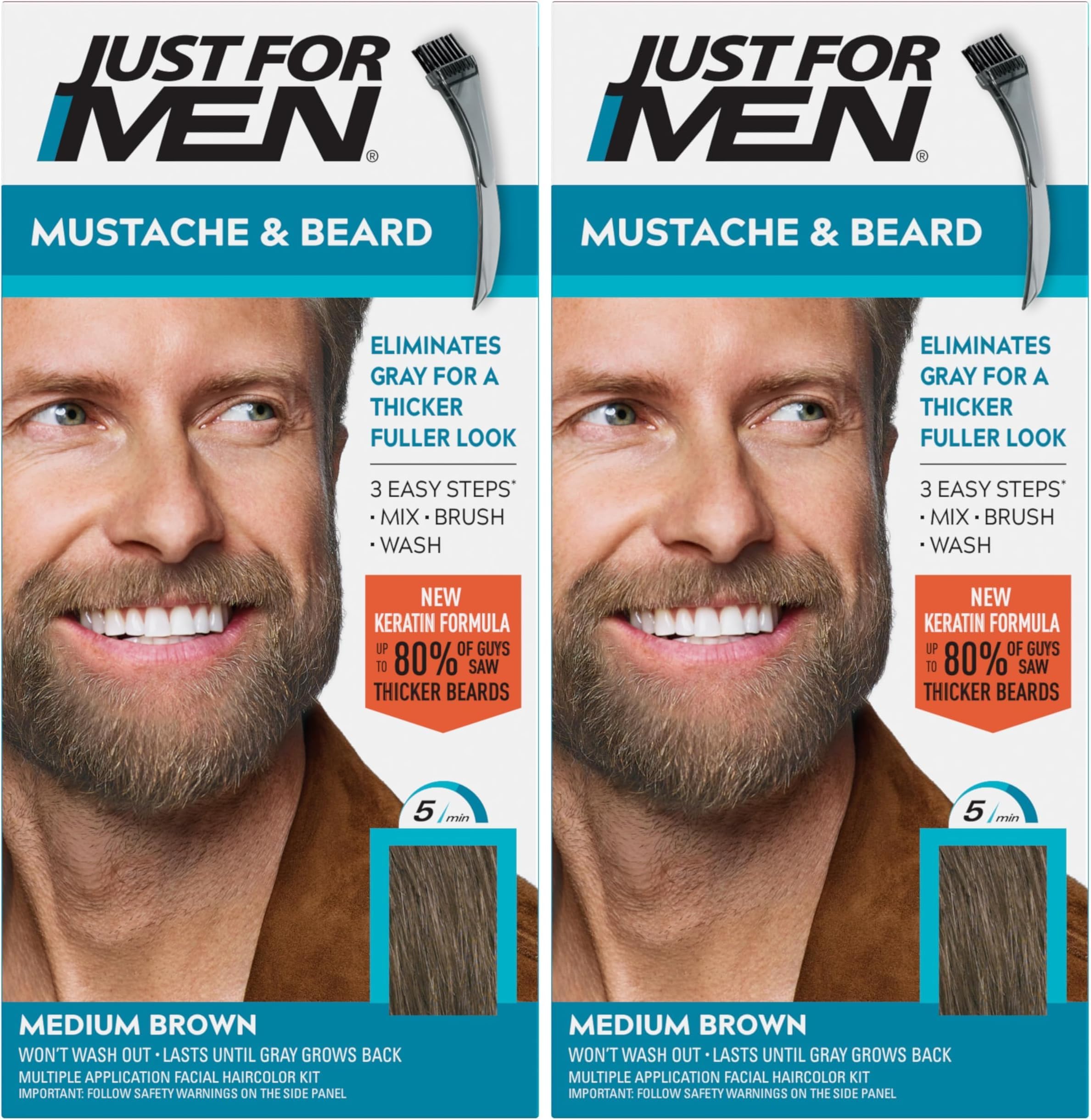Just for men Moustache & Beard Medium Brown Dye, Eliminates Grey for a Thicker & Fuller Look – M35 (Pack of 2)