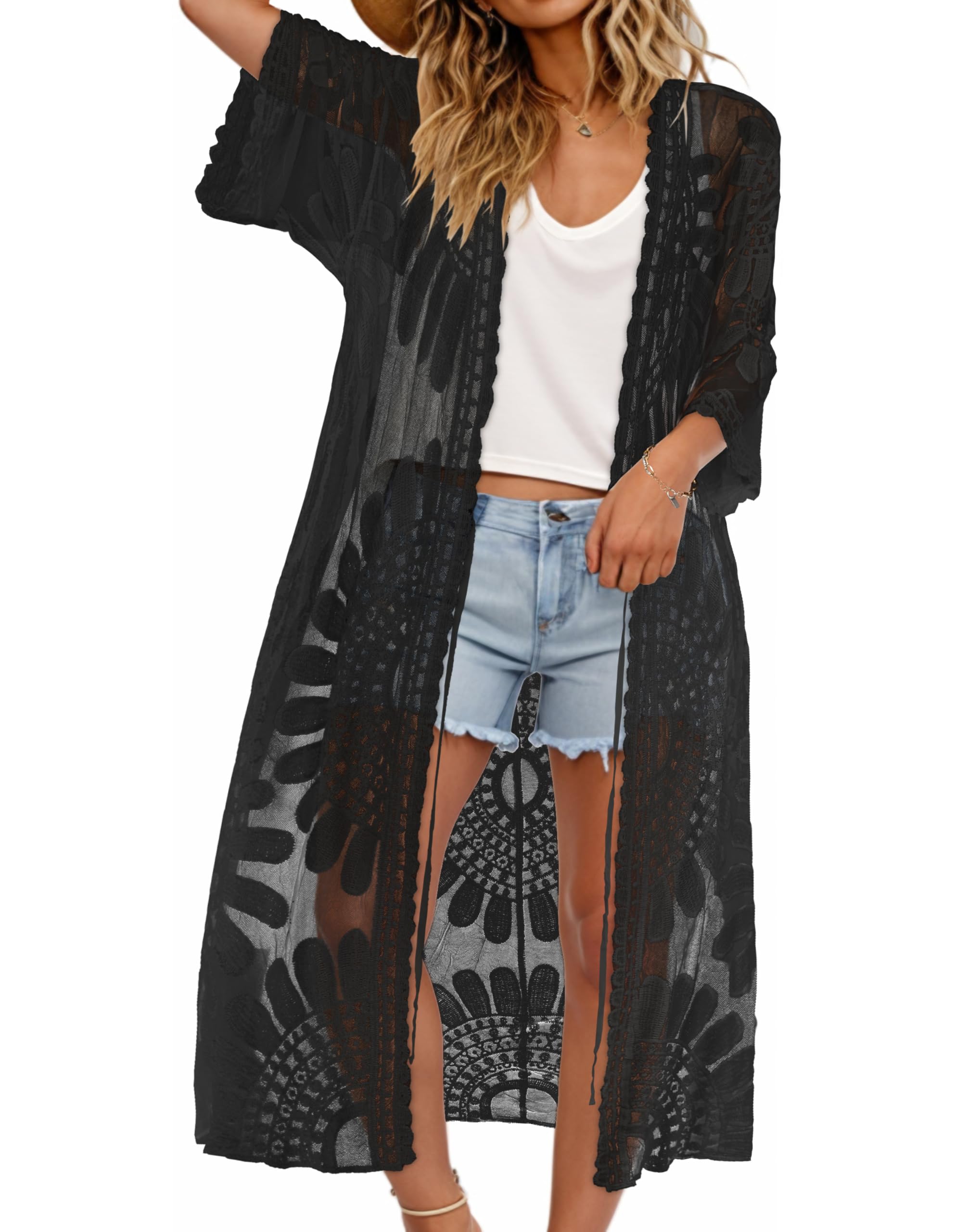 CHICGAL Womens Swimsuit Coverup Lace Bathing Suit Cover Up Beach Kimonos Long Cardigan Open Front Swimwear