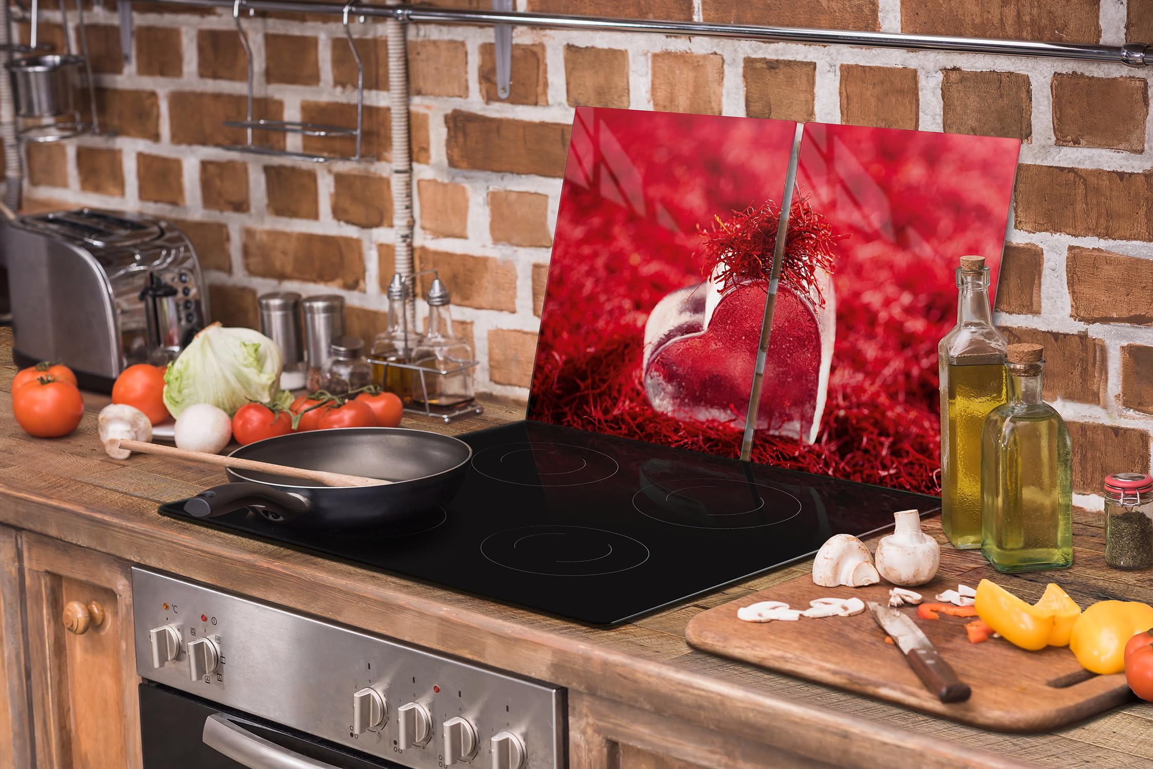 TMK ArtDeko Piastra di copertura per piano cottura in vetroceramica 75 x 52 cm 2 pezzi induzione universale per piani cottura protezione antispruzzo tagliere in vetro temperato, foglie