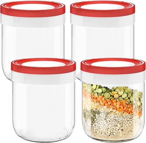 Miniatura 5 de Tribello Tarros Mason de boca ancha de 14 onzas, paquete de 4 tarros de vidrio con tapas herméticas de goma de plástico para preparación de comidas