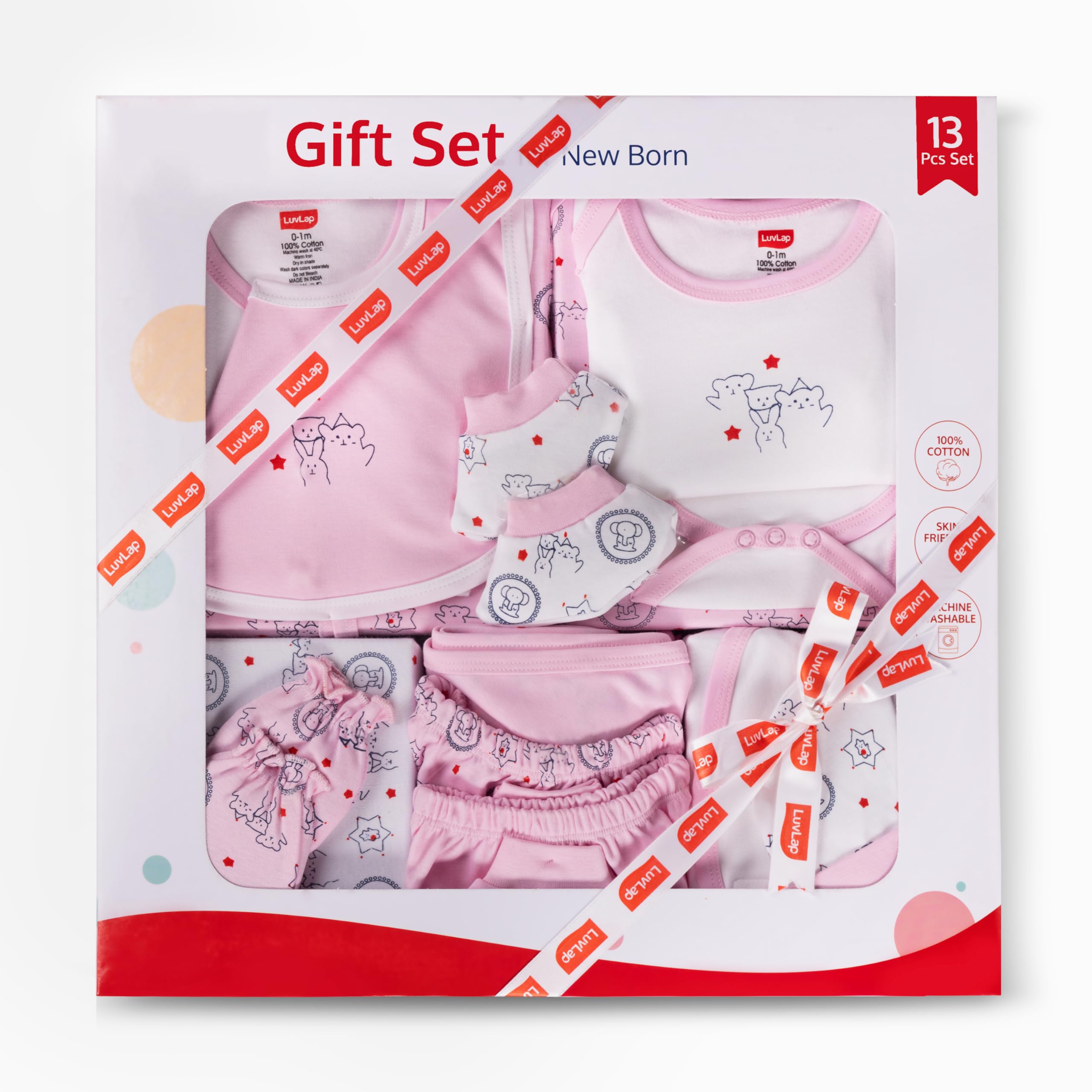 LuvLap Newborn Baby Gift Set of 13, 2 Half Sleeve Jhabla, 2 Rompers, 2 Pyjama, Cap, Mittens, Socks, a washcloth, a Hooded Wrapper, 2 Bibs, Soft Skin Friendly Baby Clothes Set 0-3 Months, Pink-image-37