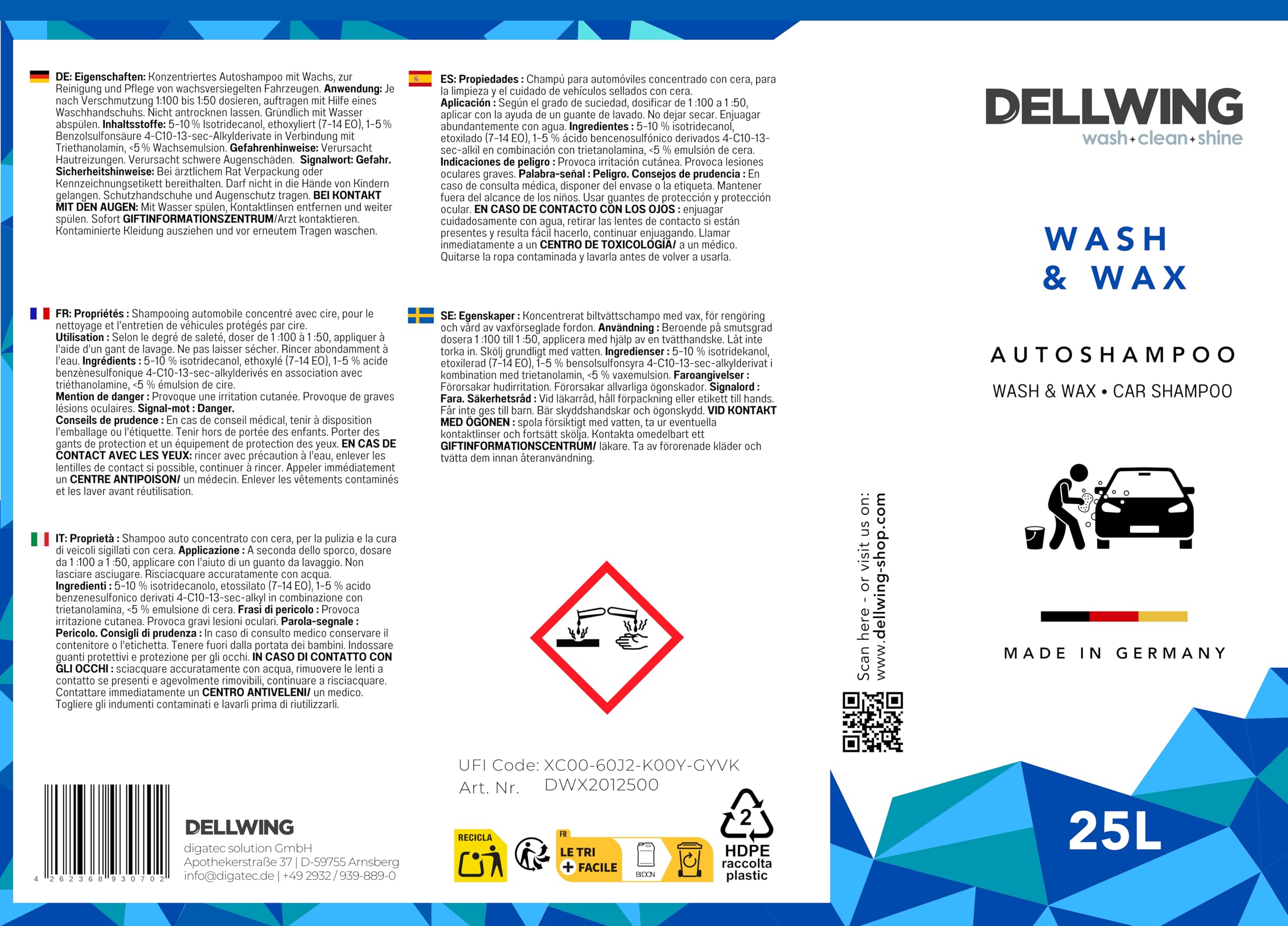 Dellwing Wash & Wax Autoshampoo Konzentrat 25 l, Auto Shampoo mit Wachs, Autowäsche und Autopflege außen, Made in Germany