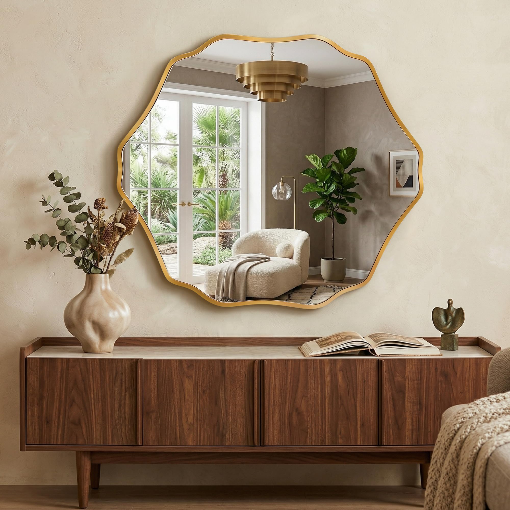 Miroir Mural Hexagonal Organique avec Cadre en Aluminium Brossé & Verre de Sécurité Trempé pour Salle de Bain, Entrée & Salon