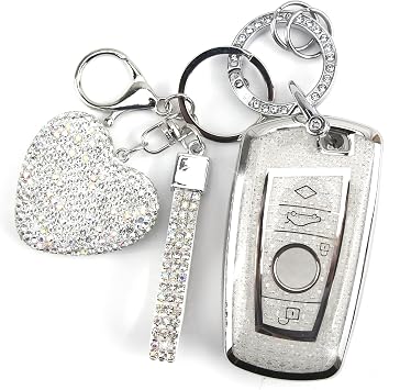 Key Fob Cover with Diamond Keychain Car Key Holder Compatible with BMW X1 X3 X4 X5 X6 1 2 4 5 6 7 M3 M5 M6 GT3 GT5 G30 F10 F15 F16 F20 Protector for Women, 3 Buttons Silver-Heart