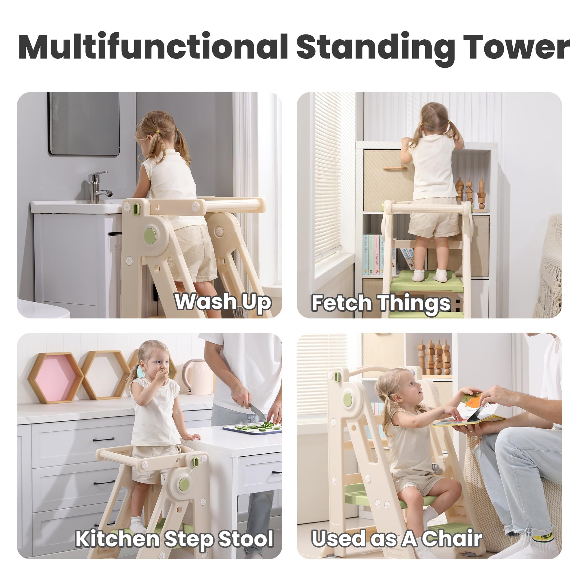 Klappbarer Lernturm für Kinder, Höhenverstellbarer Montessori Tritthocker für Küche, Bad und Kinderzimmer, Multifunktional ab 1 Jahr (Classic, Grün)