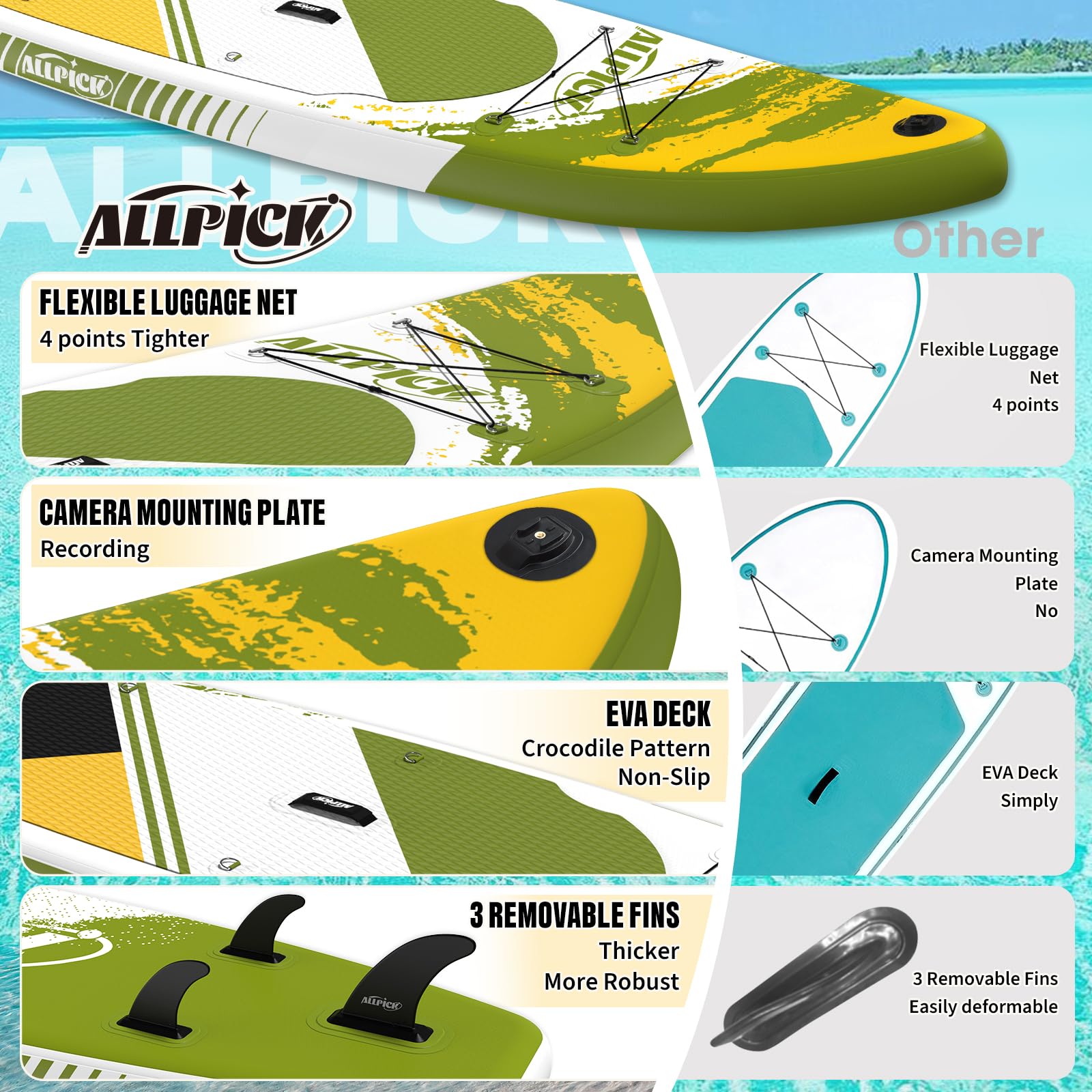 ALLPICK Sup Gonfiabile, Stand Up Paddle Board Gonfiabile, Con Supporto Universale per Fotocamera, Accessori Completi, Tavola da Sup Surf, Principianti e Avanzati, 150kg/180kg