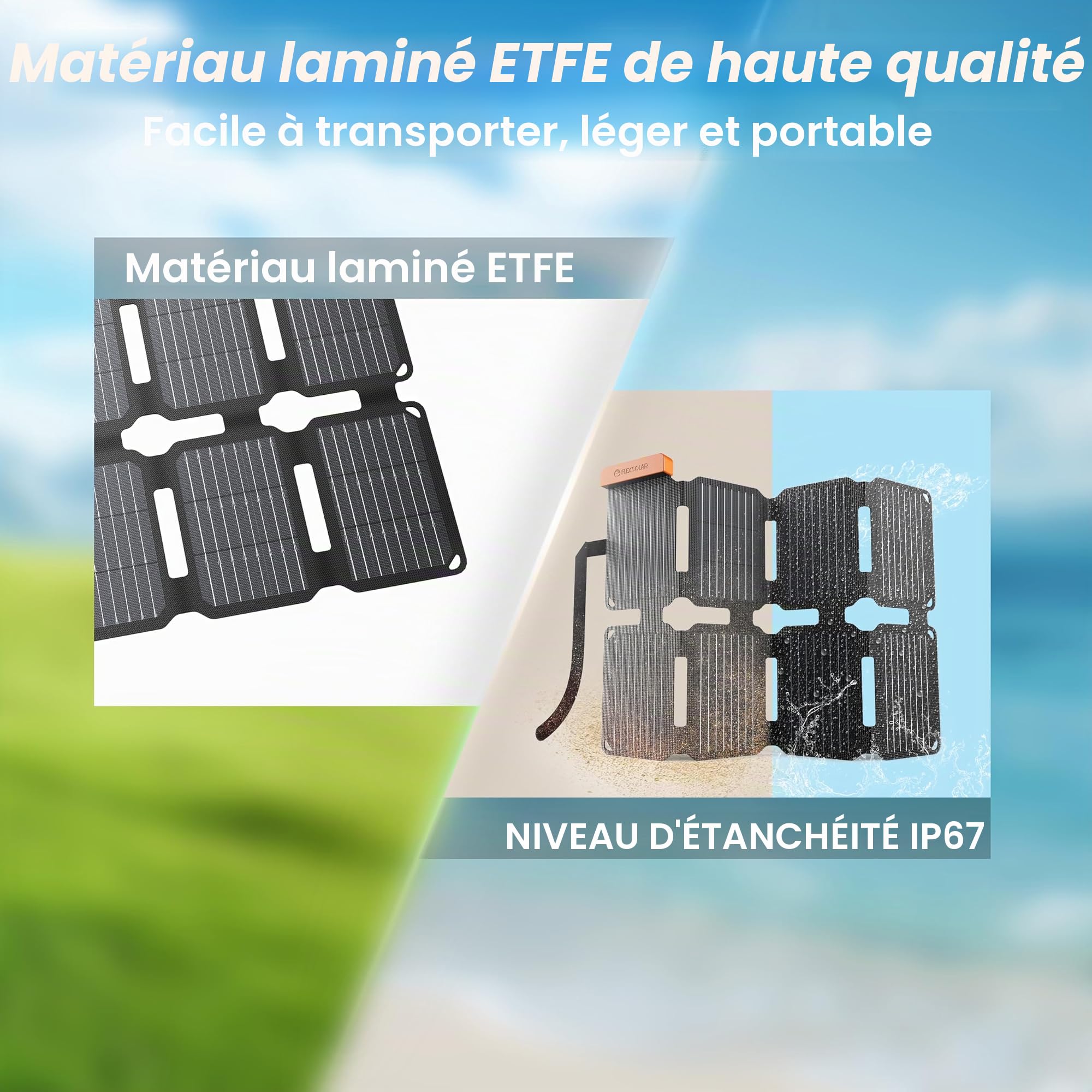 Panneau solaire pliable Flexsolar 25W format poche Chargeur solaire | portable film-E avec ports USB-A/USB-C Compatible power stations, smartphones, tablettes, powerbanks,camping,urgence