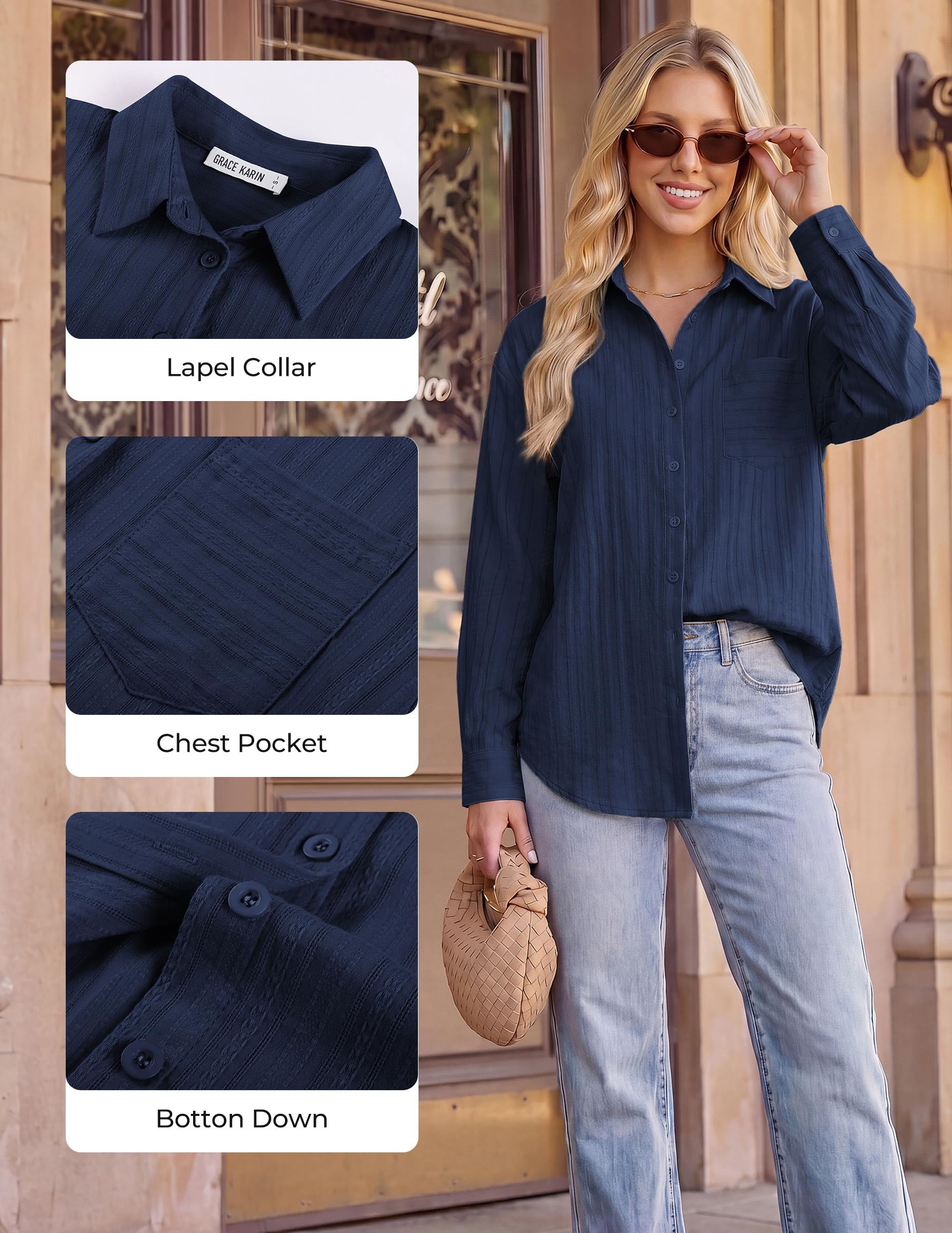 GRACE KARIN Camisa de algodón de manga larga con botones para mujer