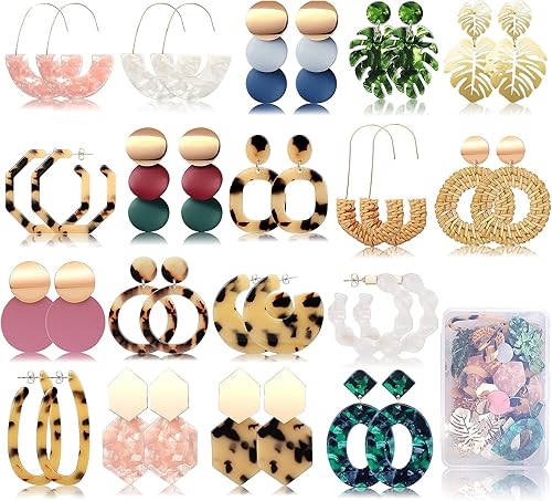 Miniatura 2 de FIFATA 47 pares de aretes de piel de ratán con borla bohemia + 18 pares de aretes llamativos para mujer, Ratán Resina Acrílico Cuero Zirconia cúbica