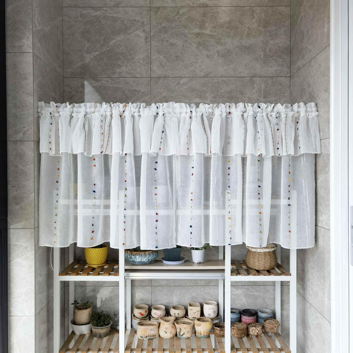 Gxi Stripes Kitchen Curtain 20 inches Length Ruffle Linen Sheer Curtain Tiers for Bathroom Rod Pocket Voile Curtain Valance Set of 2 Panels Short Curtain (2 Panels,Each W39 x L20 inch)