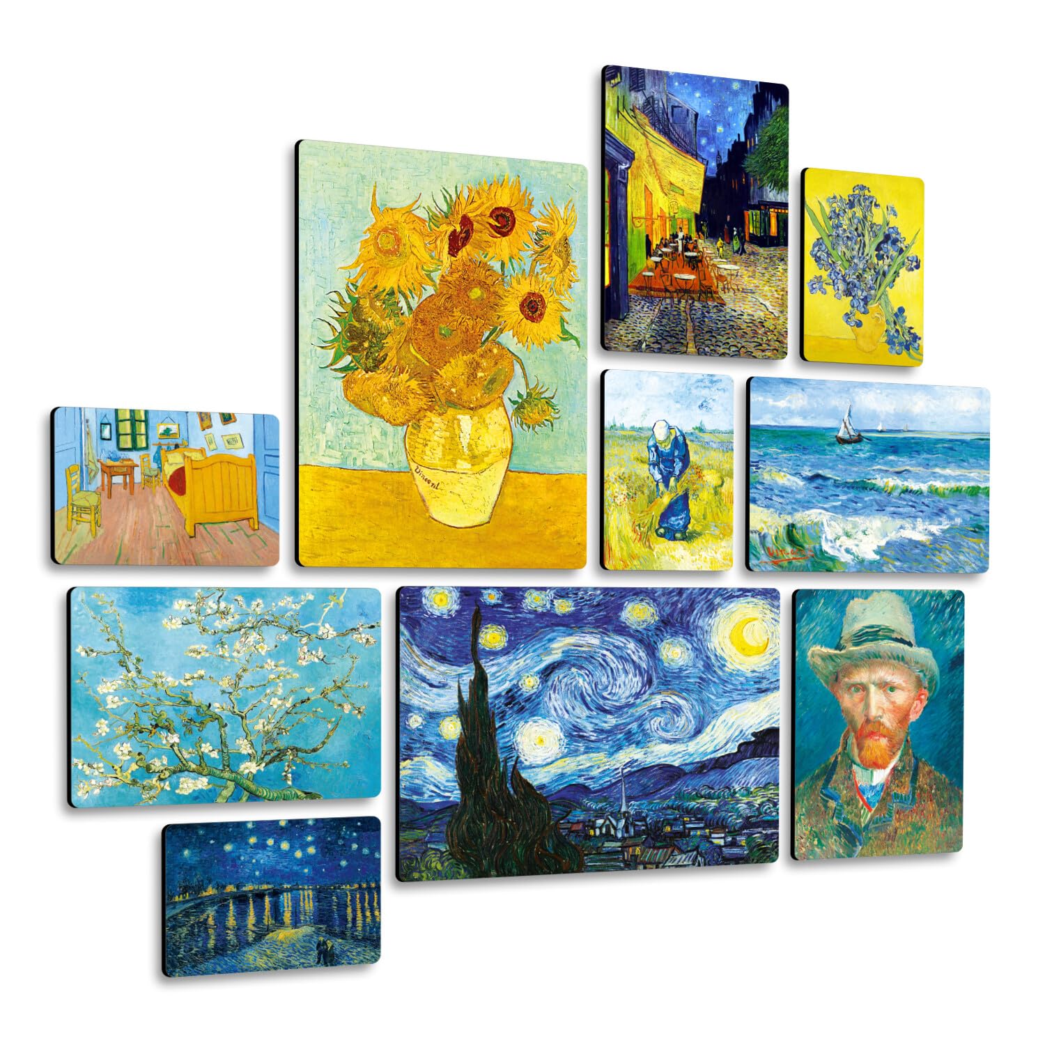 Giallobus - Conjunto de 10 pinturas de paneles múltiples - Vincent Van Gogh - Van Gogh 1 - Madera de MDF - - 2 x 42x29,7cm - 4 x 29,7x21cm - 4 x 21x14,85cm - - Listo para colgar - Cuadros