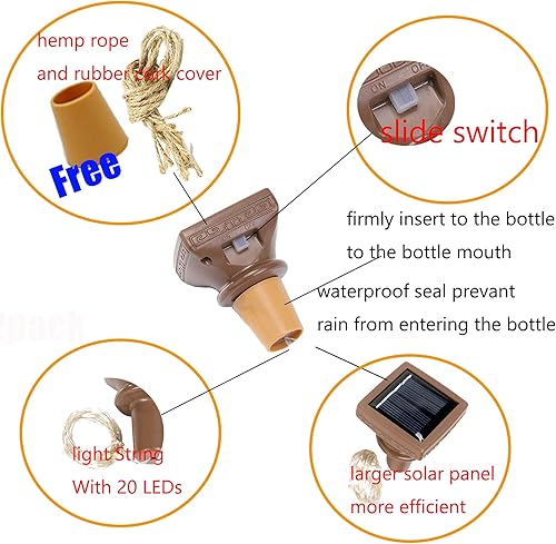 Miniatura 2 de YJFWAL Paquete de 12 luces solares mejoradas para botellas de vino, 20 luces LED de corcho estrellado, funciona con energía solar, mini luces de