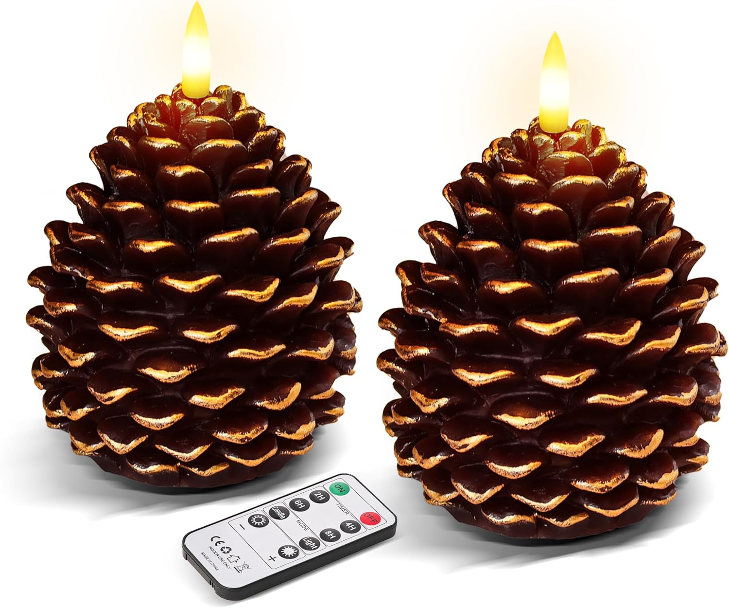 2Pcs Pine Cone Flameless Candles with Remote and Timer,LED Candles Battery Operated,Real Wax Window Candlesticks with Flickering 3D Flame for Winter Christmas Thanksgiving Decoration Brown-2PCS