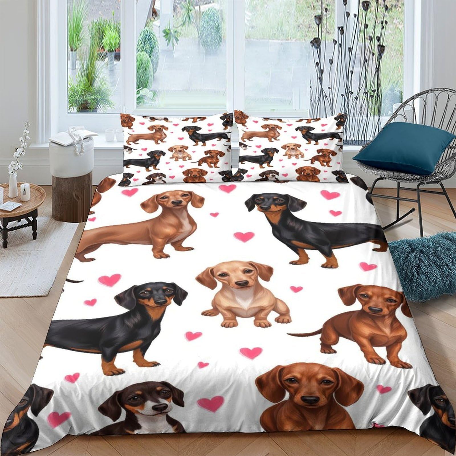Ctjqhvkz Style-3 3D Printed Dachshund Dog Fitted Sheet Microfiber Cute Heart Bed Cover For Bedroom Guest Room Mattress Protection Decor Single（135X200cm）