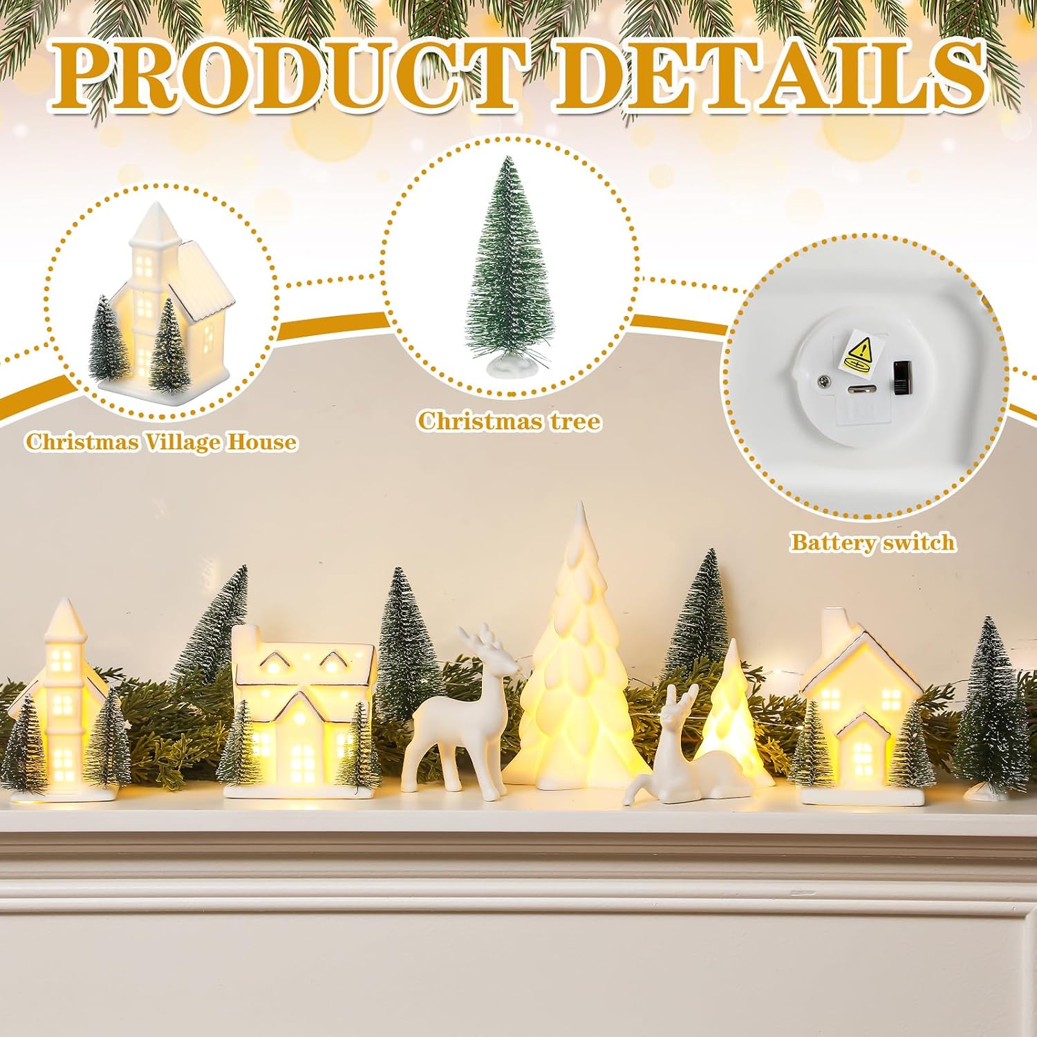 12 Pcs Ceramic Christmas Village Set, 3 White Village Houses with Lights 2 LED Ceramic Christmas Tree 2 Porcelain Reindeer Figurines 5 Sisal Tree for Xmas Winter Holiday Fireplace Tabletop Decor